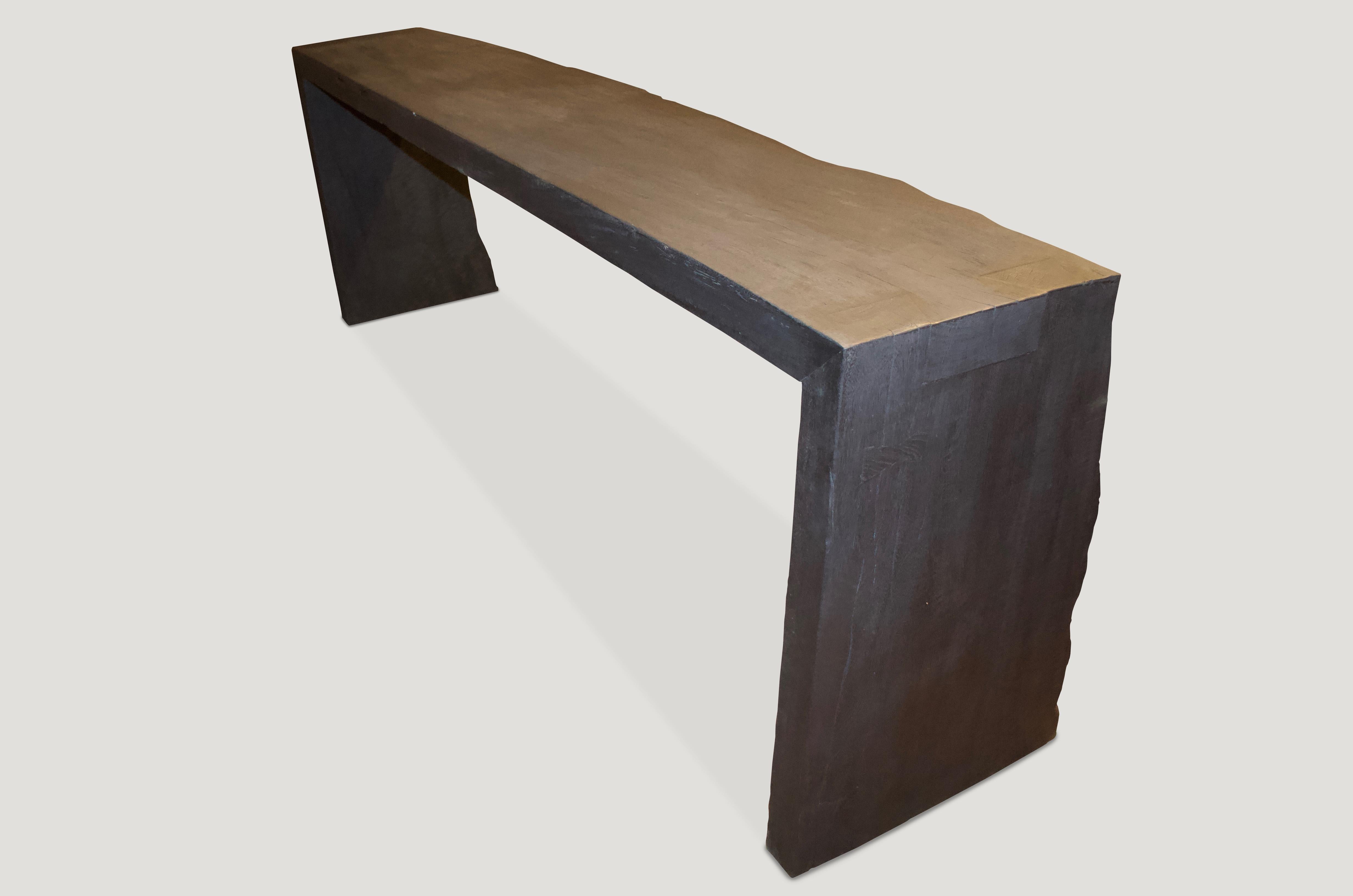 Andrianna Shamaris Triple Burnt Teak Wood Console In Excellent Condition For Sale In New York, NY