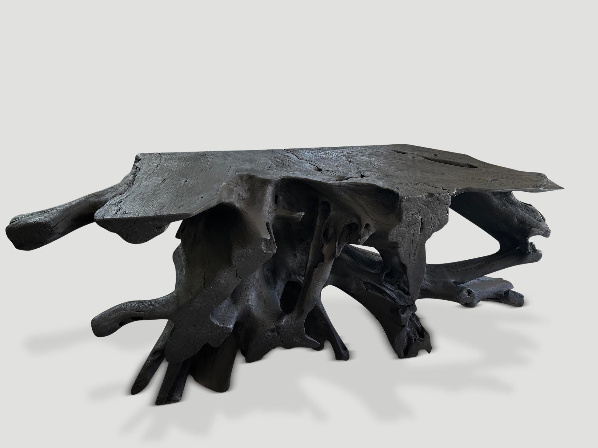 Organic Modern Andrianna Shamaris Triple Burnt Teak Wood Console Table For Sale