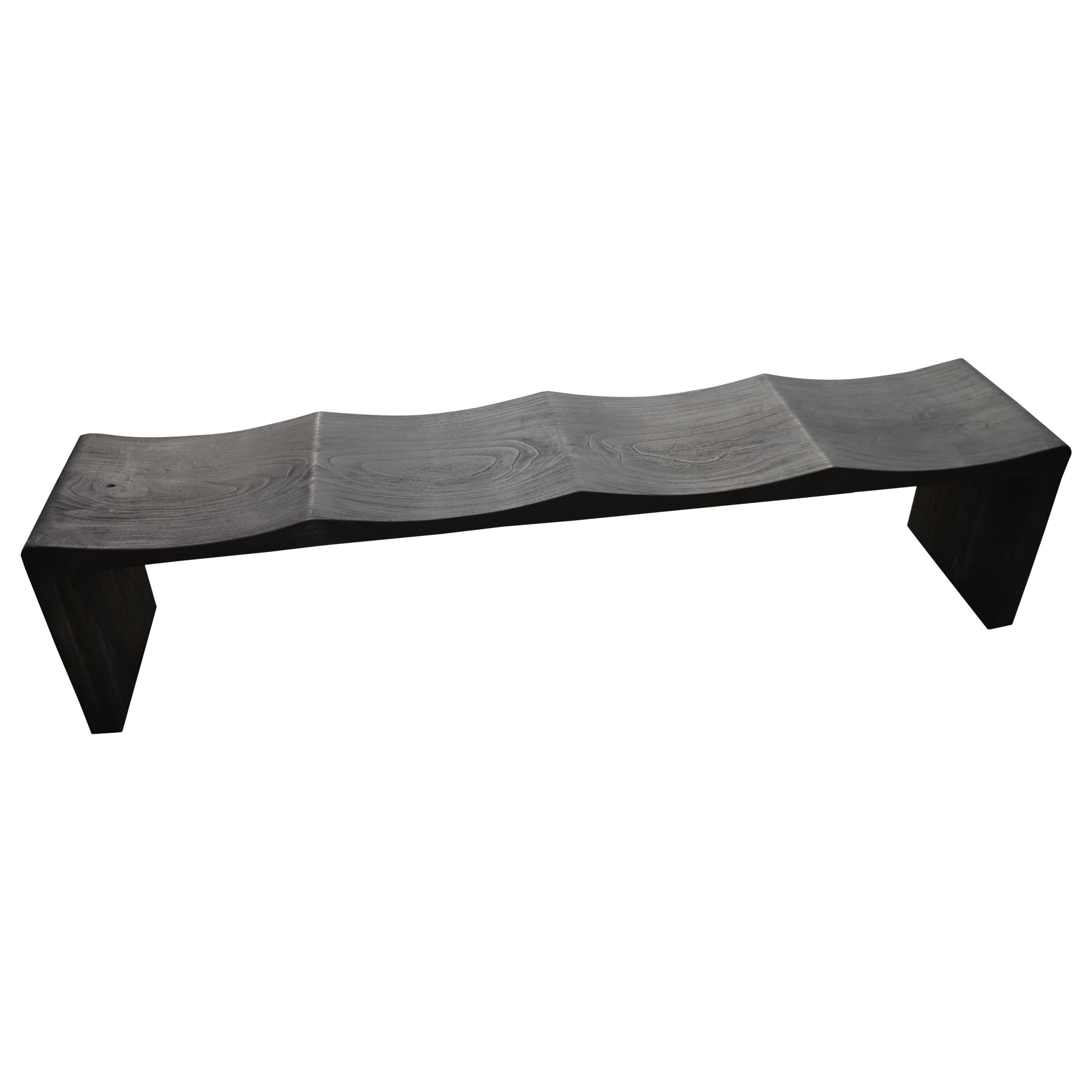 Andrianna Shamaris Triple Burnt Teak Wood Wave Bench For Sale