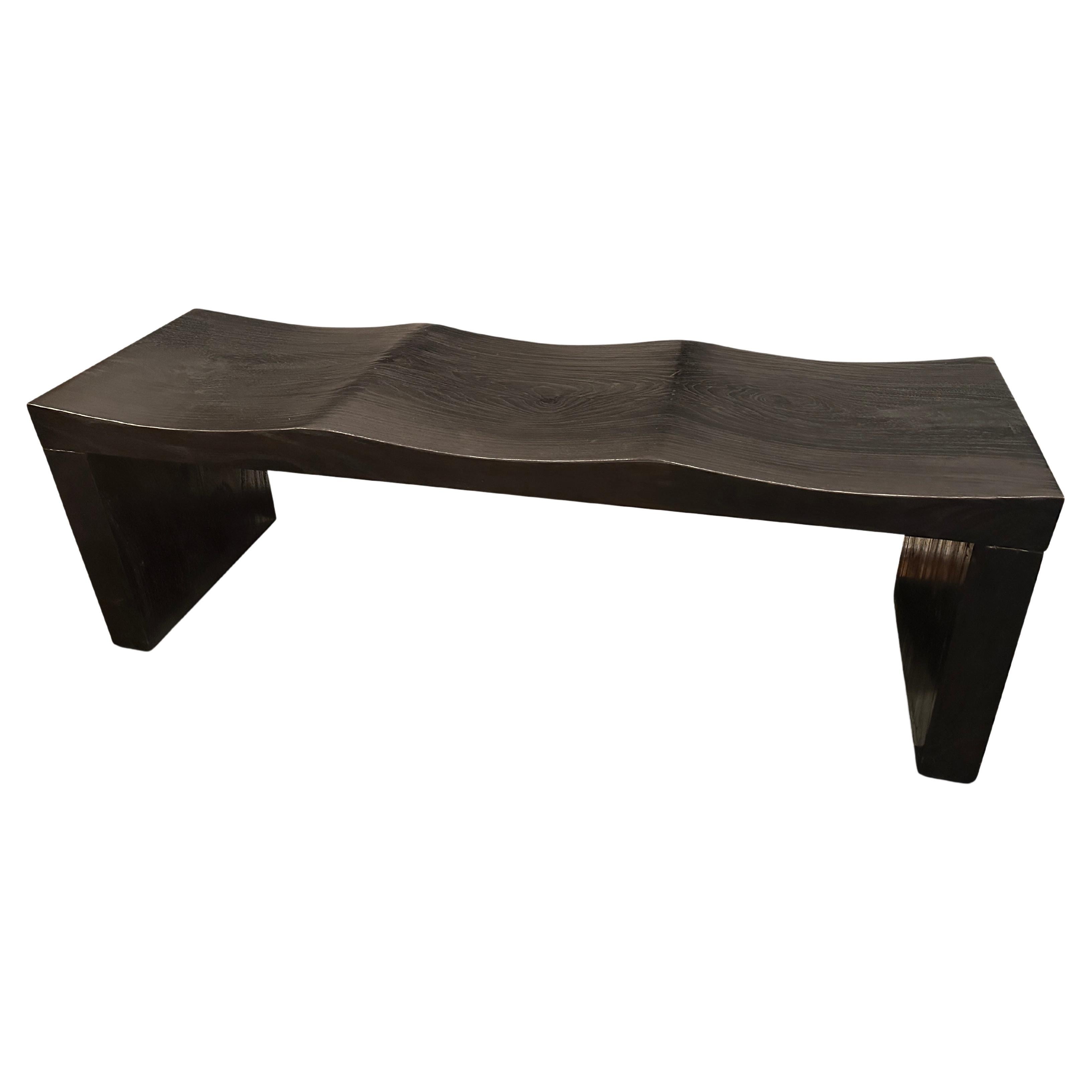 Andrianna Shamaris Triple Burnt Teak Wood Wave Bench For Sale