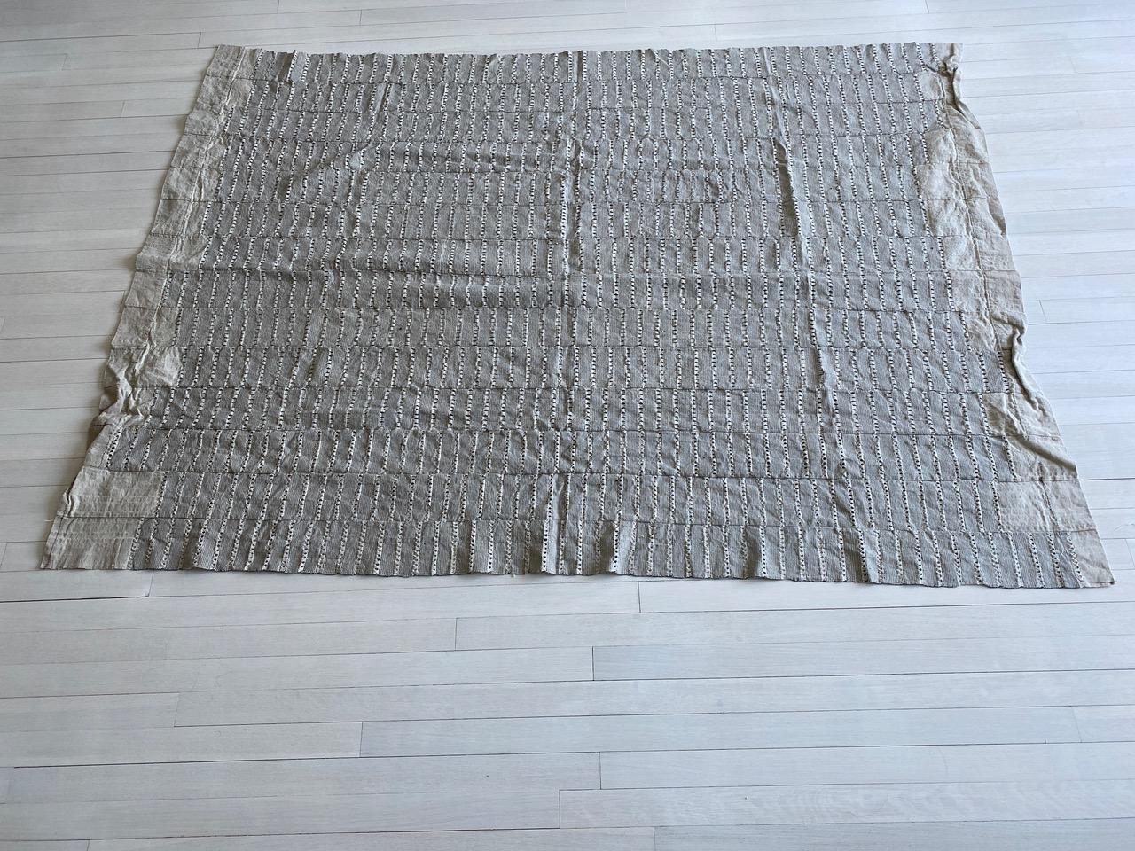Neutral tones in this cotton and linen vintage textile from Africa. Eyelet design and linen patchwork on both ends. Great as a bed cover or for a sofa. 

This textile was sourced in the spirit of Wabi-Sabi, a Japanese philosophy that beauty can be