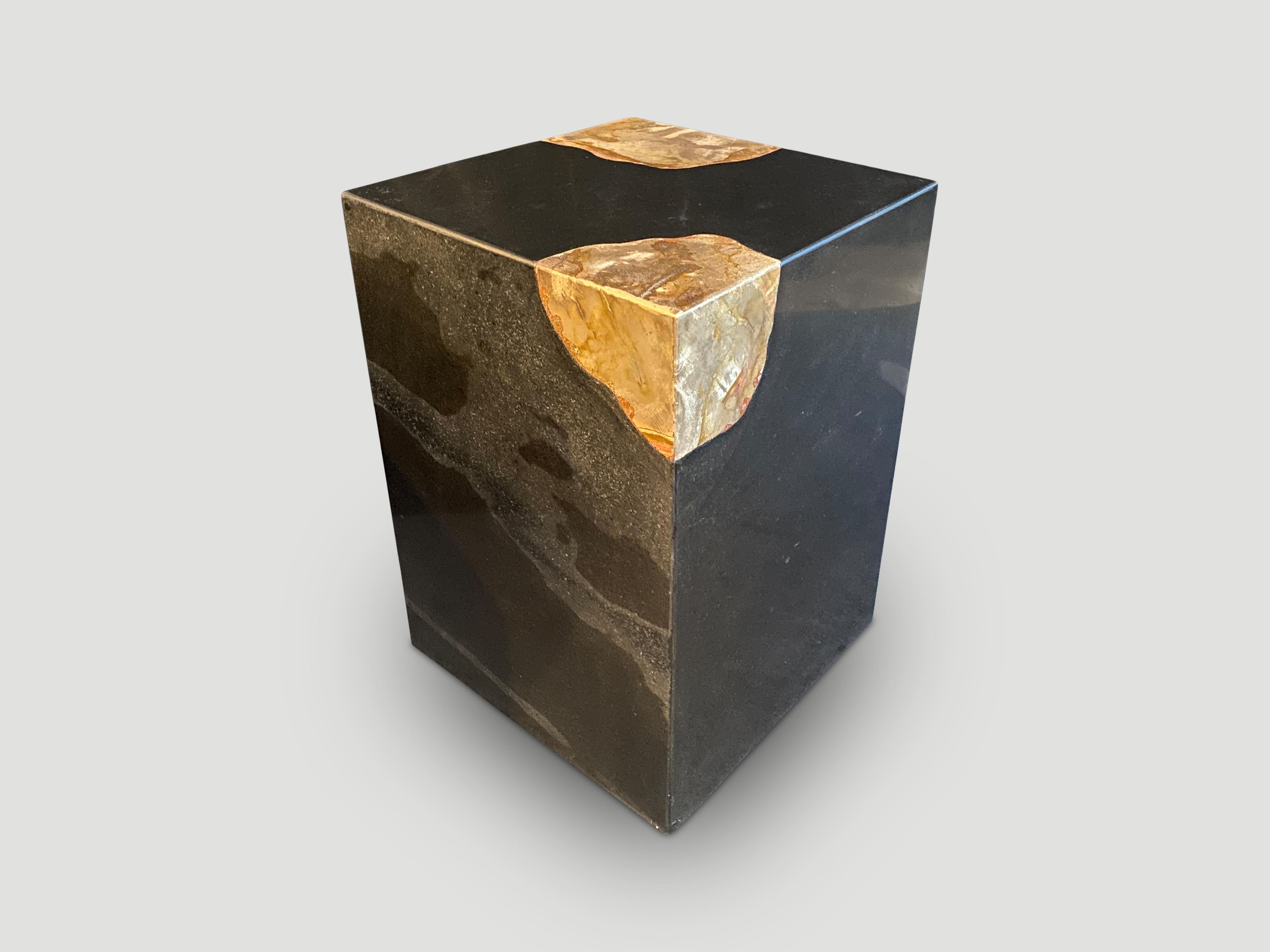 Volcanic stone panels are joined together with a contrasting tone of petrified wood added on two corners. Modern yet with so much history. 

Own an Andrianna Shamaris original.

Andrianna Shamaris. The Leader In Modern Organic Design.