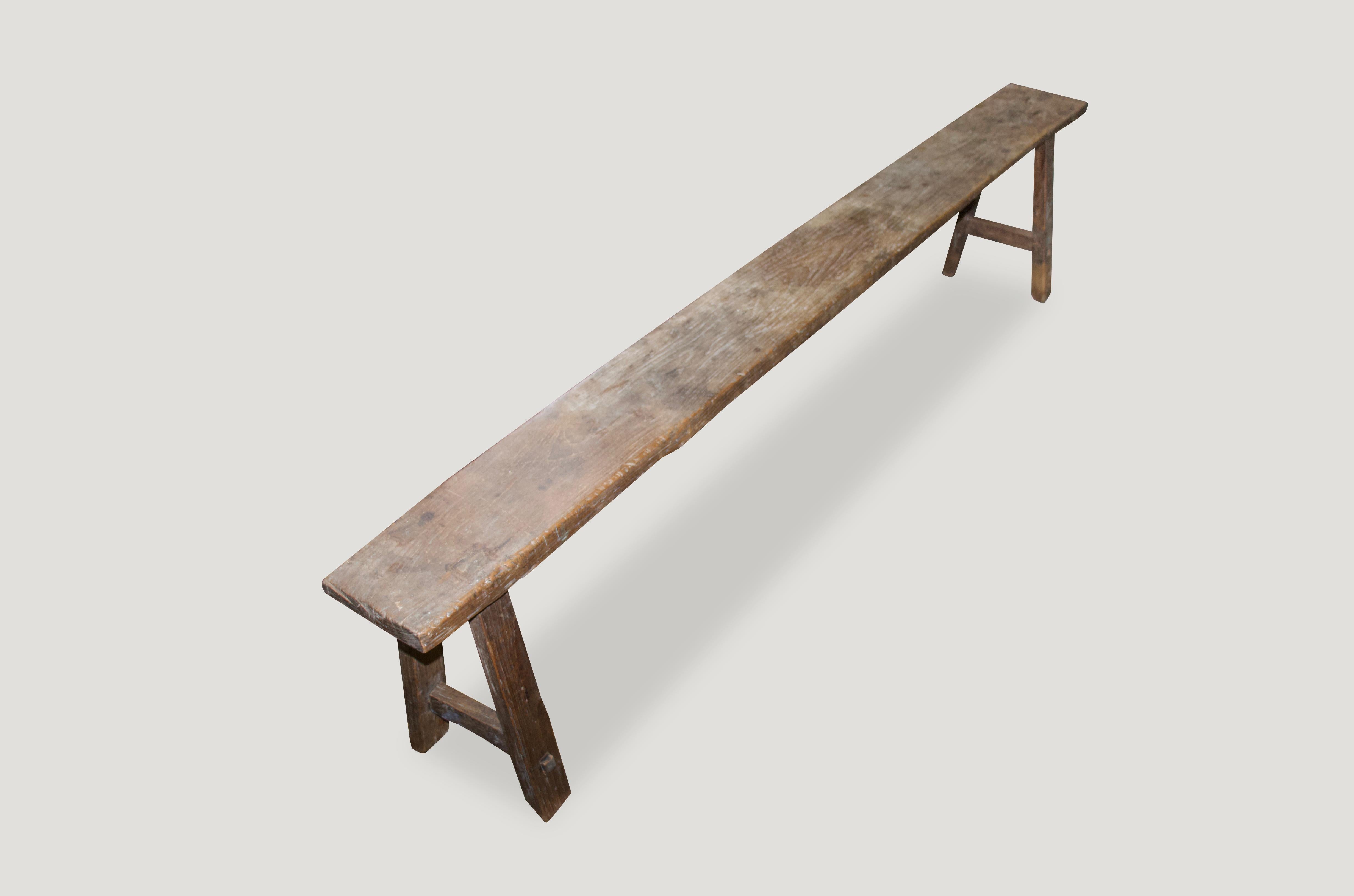 Antique hand carved teak bench with nice patina. This can also be used as a shelf. Great for inside or outside living.

This bench was sourced in the spirit of wabi-sabi, a Japanese philosophy that beauty can be found in imperfection and