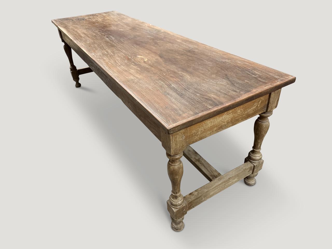 A beautiful antique teak wood console table from Sumatra. The top is a single panel with lovely patina. Finished with a natural oil revealing the impressive wood grain. Circa 1950

This console table was sourced in the spirit of Wabi-Sabi, a