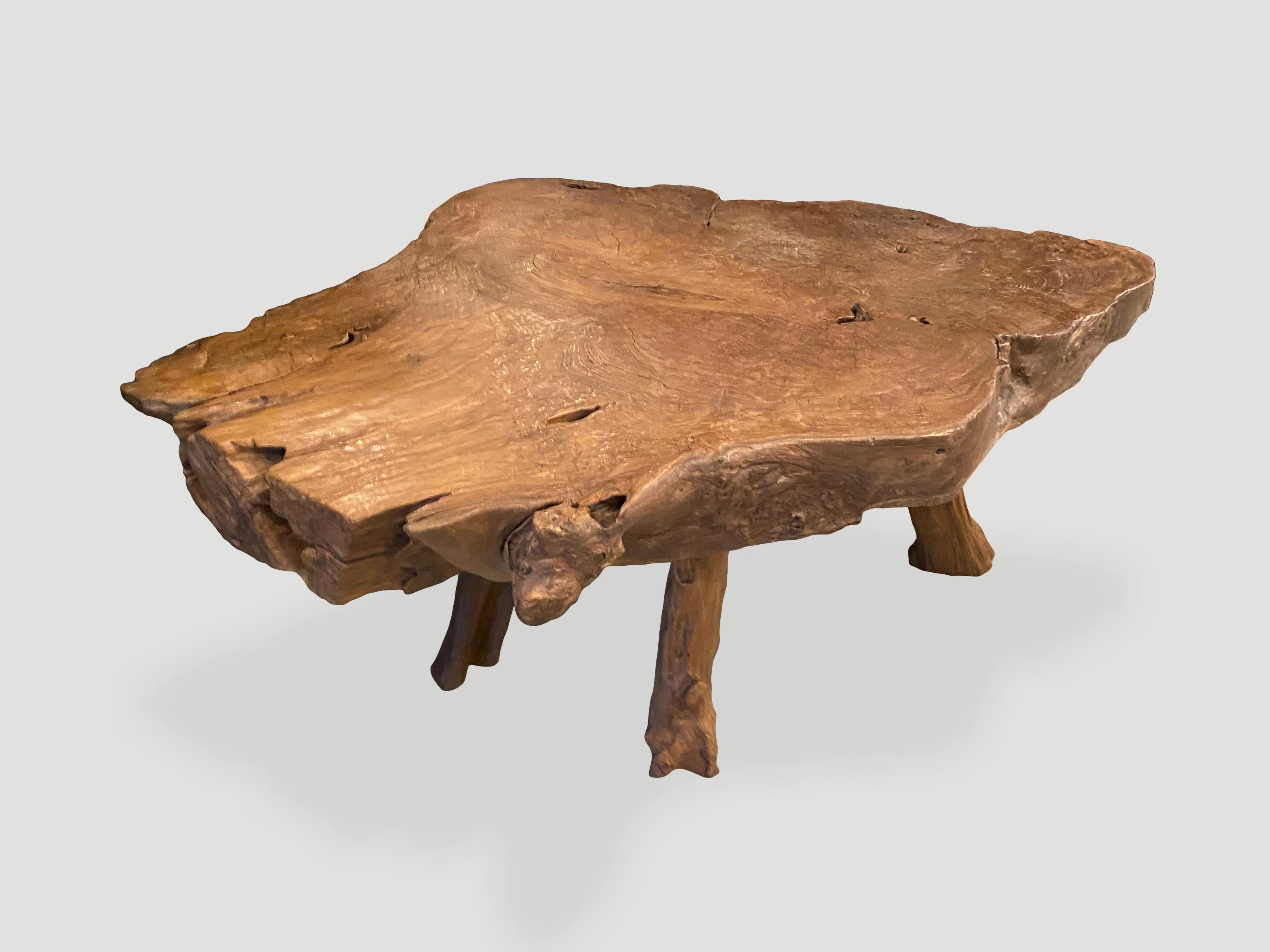 Single slab live edge coffee table made from reclaimed teak wood with beautiful patina. Own an Andrianna Shamaris original.

This coffee table was sourced in the spirit of wabi-sabi, a Japanese philosophy that beauty can be found in imperfection