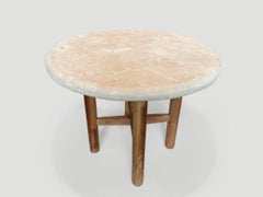 Andrianna Shamaris Wabi-Sabi Round Stone Table with Teak Base, 33" Diameter