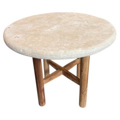 Andrianna Shamaris Wabi-Sabi Round Stone Table with Teak Base, 33" Diameter