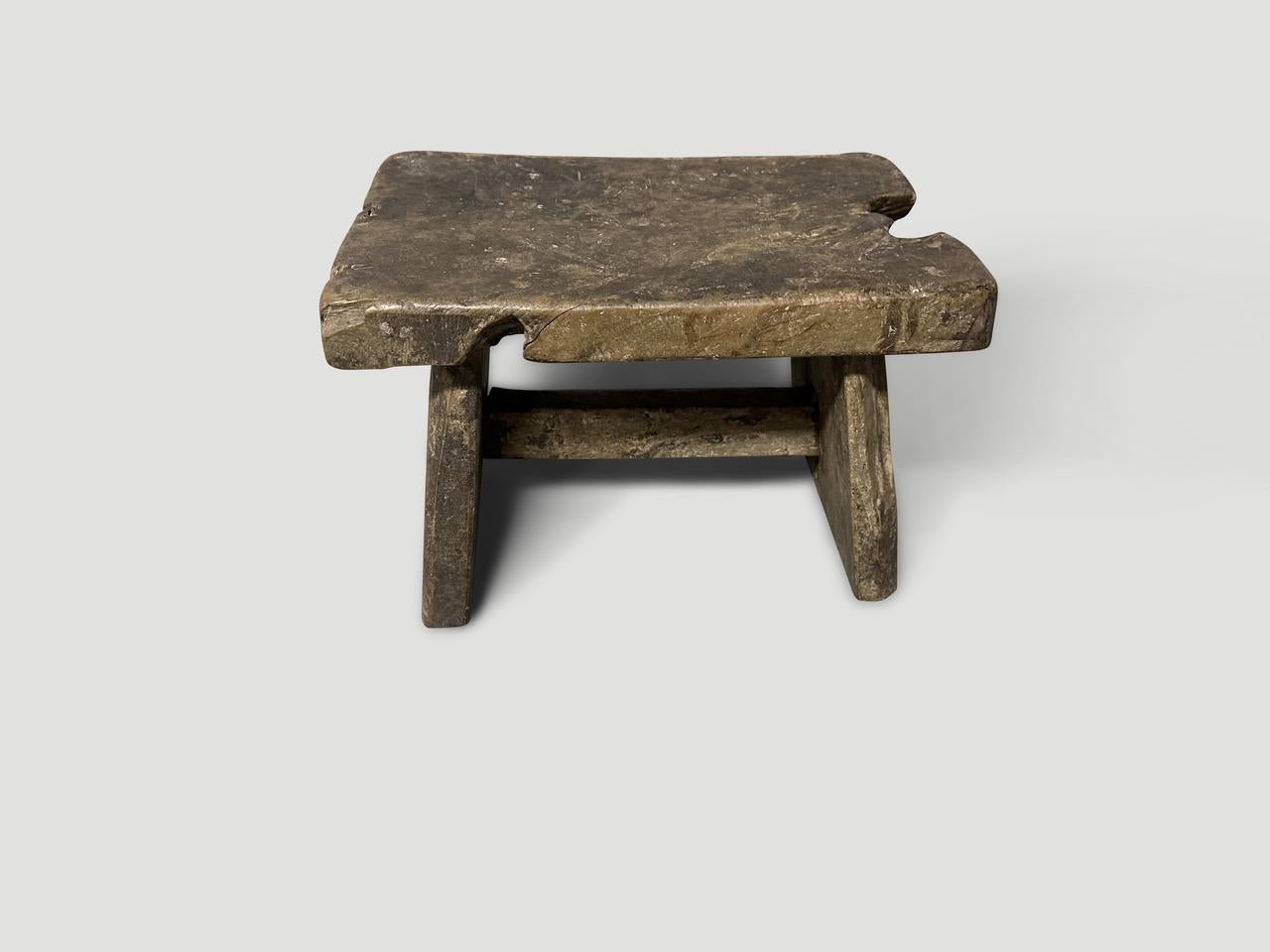 Antique hand made side table or stool. Celebrating the cracks and crevices and all the other marks that time and loving use have left behind. Circa 1950

This low side table or stool was hand made in the spirit of Wabi-Sabi, a Japanese philosophy