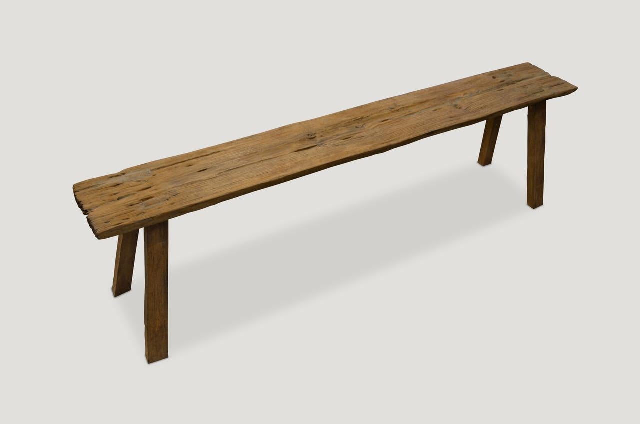 Antique single slab teak wood bench or shelf with beautiful patina and natural smooth erosion.

This bench was sourced in the spirit of wabi-sabi, a Japanese philosophy that beauty can be found in imperfection and impermanence. It’s a beauty of