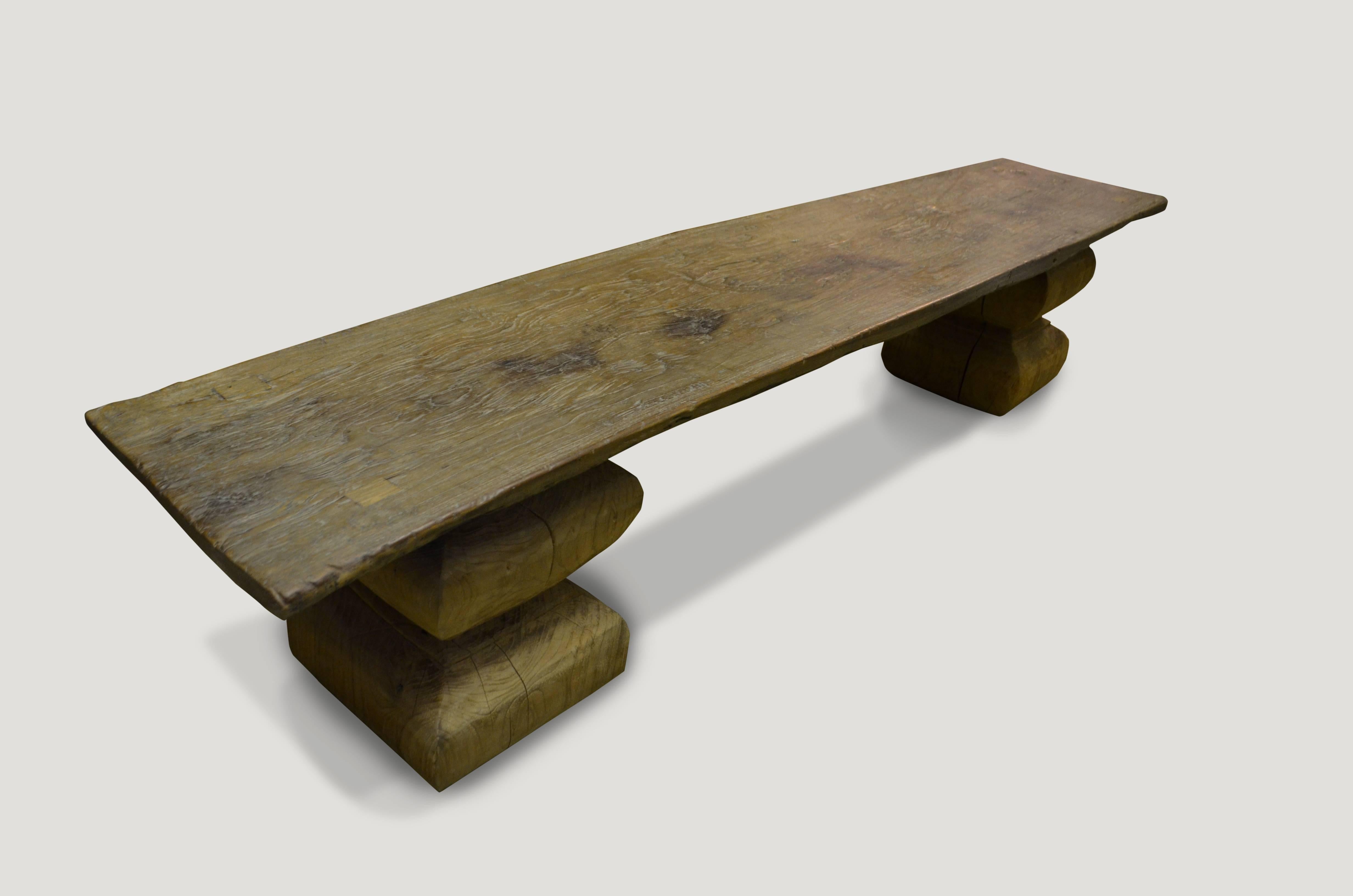 Beautiful patina on this single panel teak top, shown with two hand-carved antique bases from Sumatra. The dimensions work well as a bench or coffee table.

Andrianna Shamaris. The Leader In Modern Organic Design™.