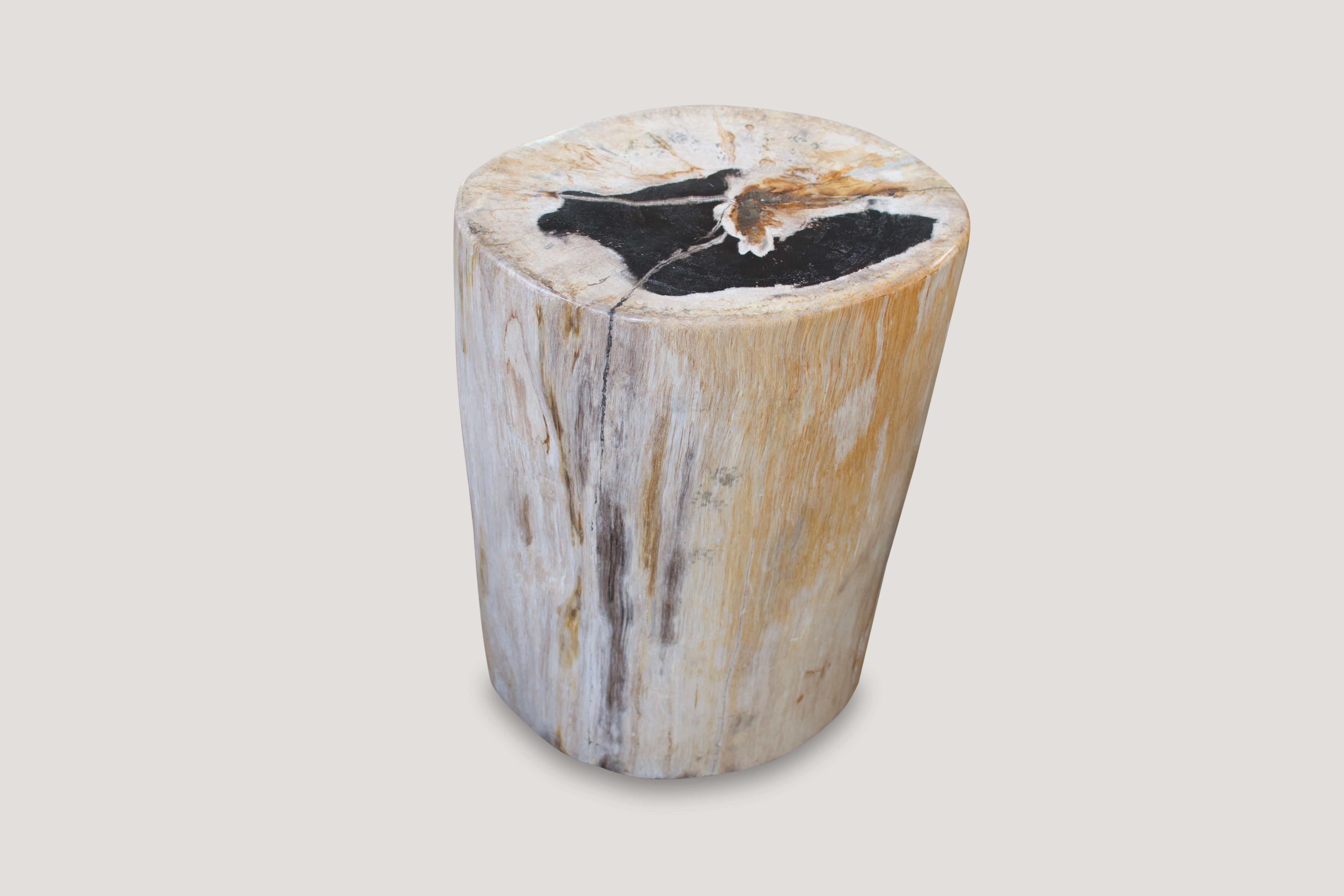 Andrianna Shamaris White and Black Super Smooth Petrified Wood Side Table In Excellent Condition In New York, NY