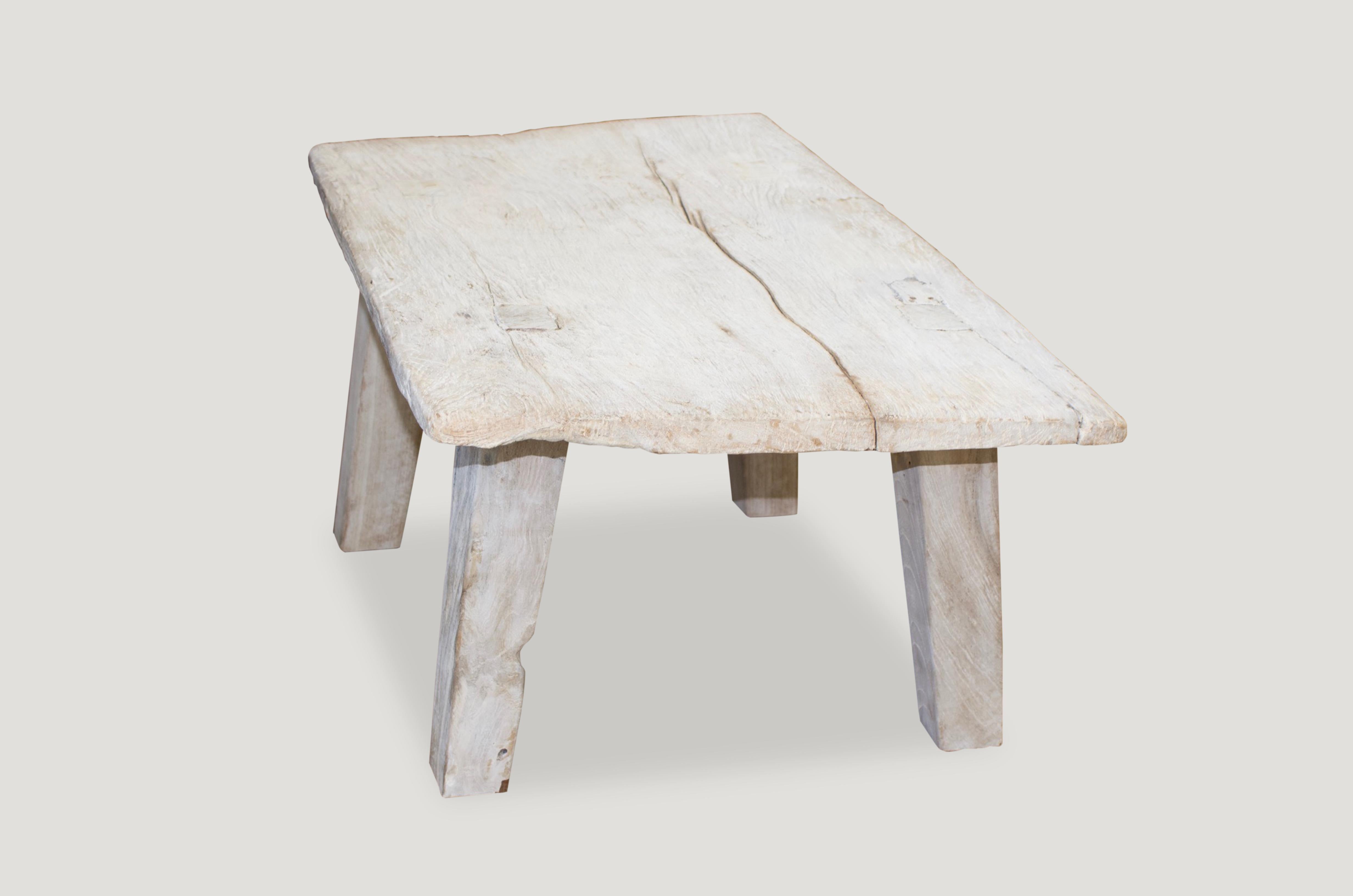 Reclaimed single teak wabi sabi coffee table, side table or bench. We added a light white wash finish. Perfect for inside or outside living.

The St. Barts Collection features an exciting new line of organic white wash and natural weathered teak