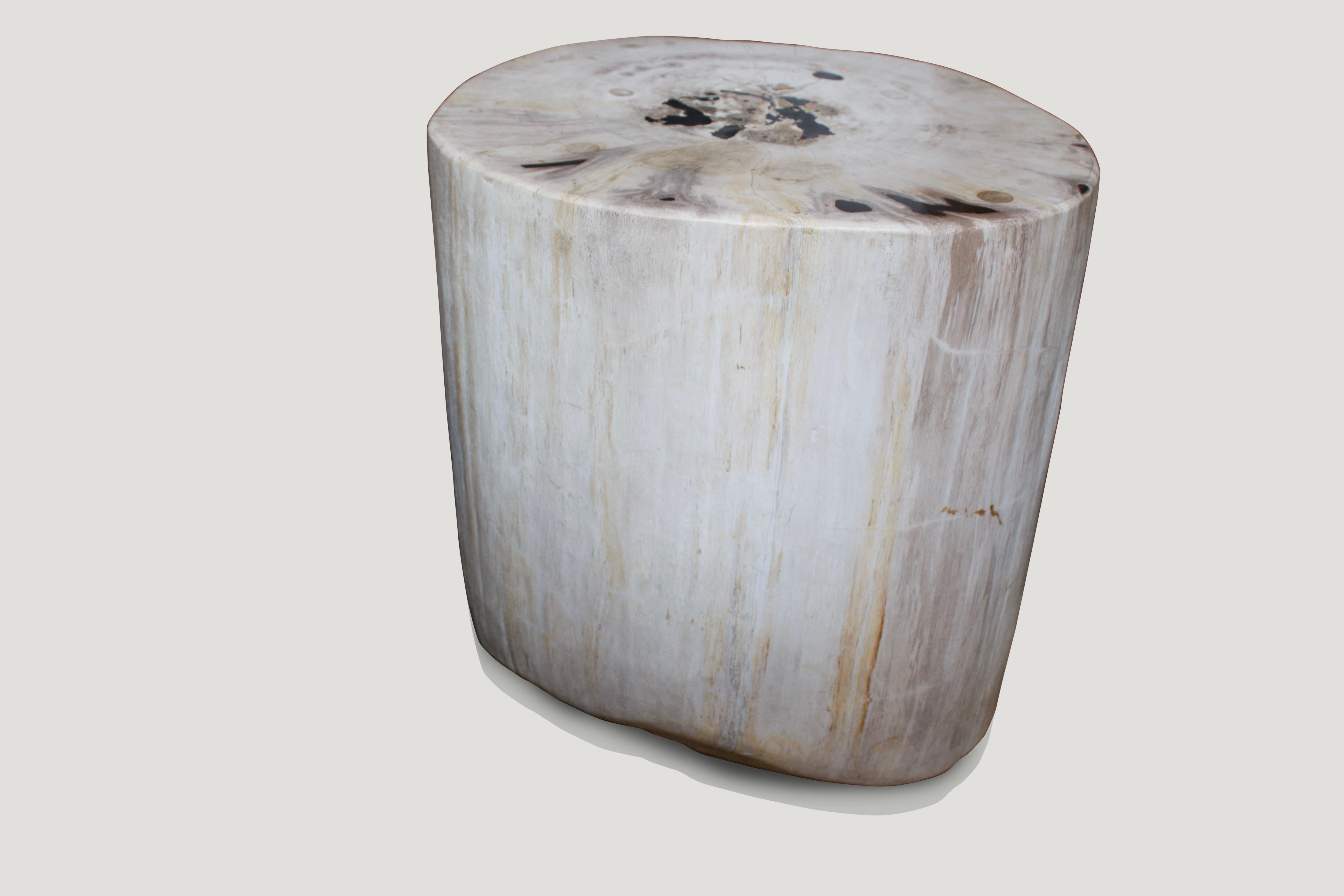 Impressive size and such high quality on this super smooth petrified wood side table. Fabulous contrasting color tones in white with a touch of black.

We source the highest quality petrified wood available. Over 40 million years old. Each piece