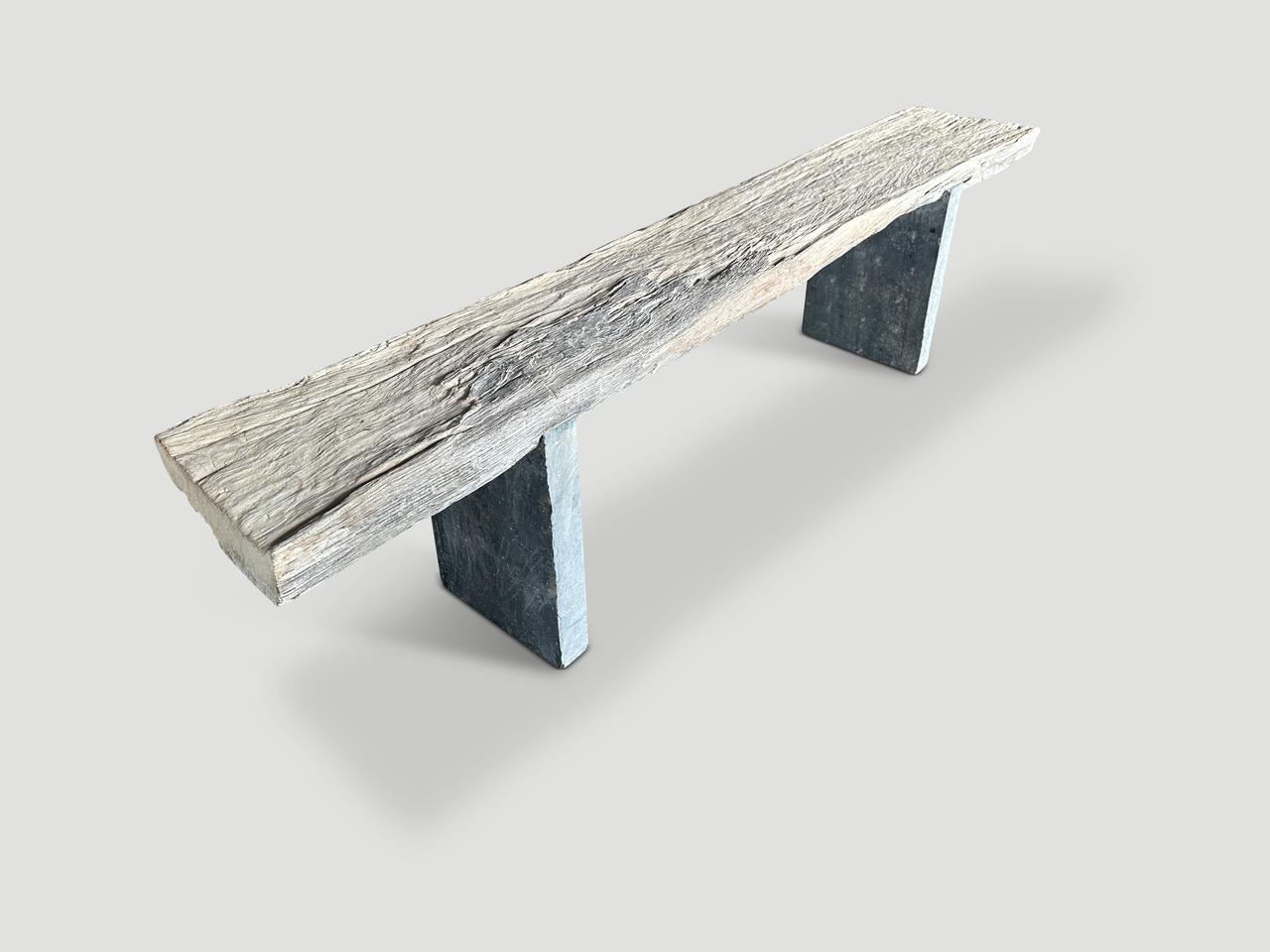 Wabi Sabi bleached teak bench with unique natural wood character. We added granite minimalist legs to this beautiful thick ancient wood panel and butterflies inlaid into the top. It’s all in the details.

The St. Barts Collection features an
