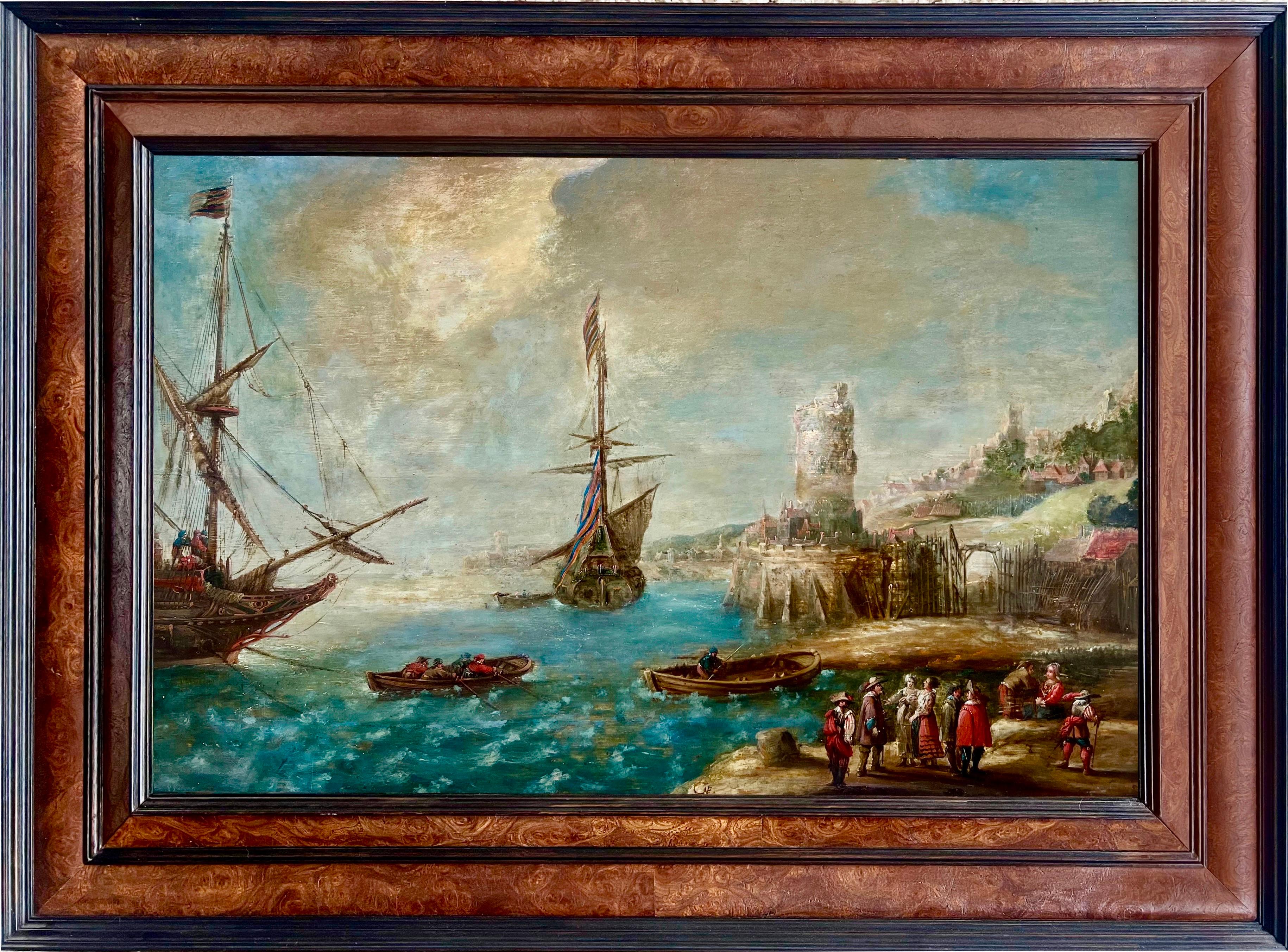 Paisaje marino flamenco del siglo XVII - Barcos en un puerto mediterráneo - paisaje marino - Painting Antiguos maestros de Andries Van Eertvelt
