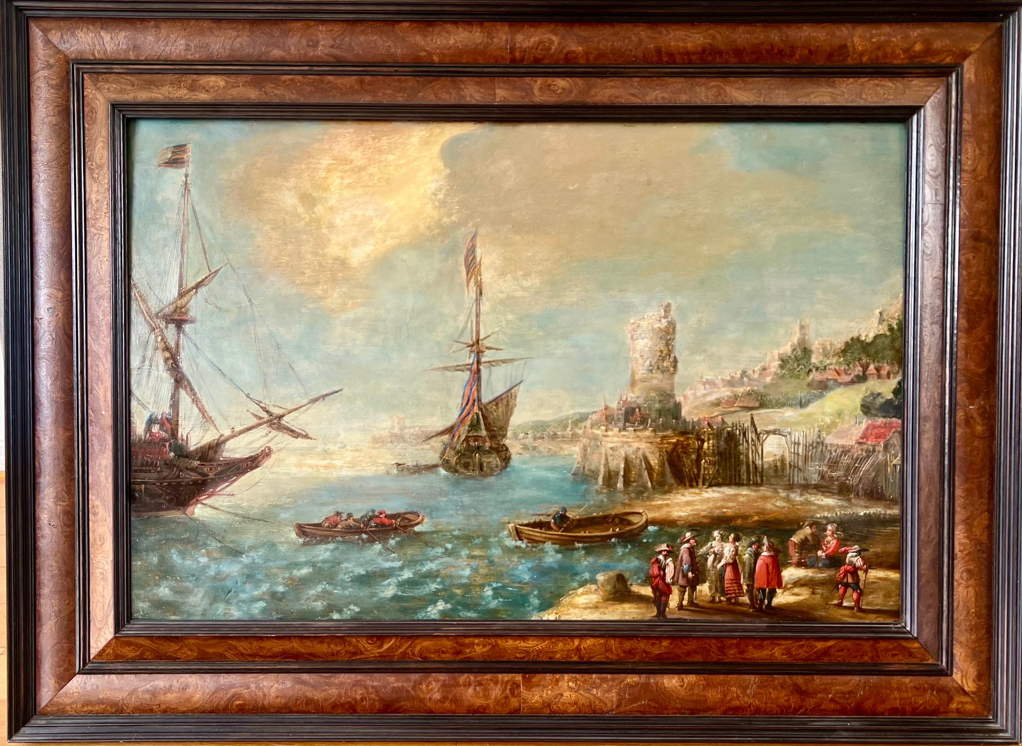 17th century Flemish seascape - Ships in a mediterranean harbour - seascape - Painting by Andries Van Eertvelt