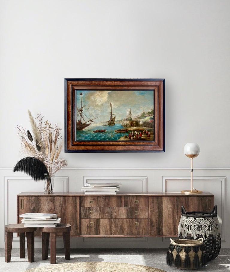 Paisaje marino flamenco del siglo XVII - Barcos en un puerto mediterráneo - paisaje marino en venta 6