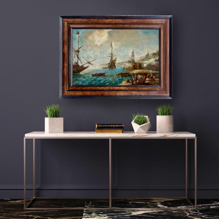 Paisaje marino flamenco del siglo XVII - Barcos en un puerto mediterráneo - paisaje marino en venta 8
