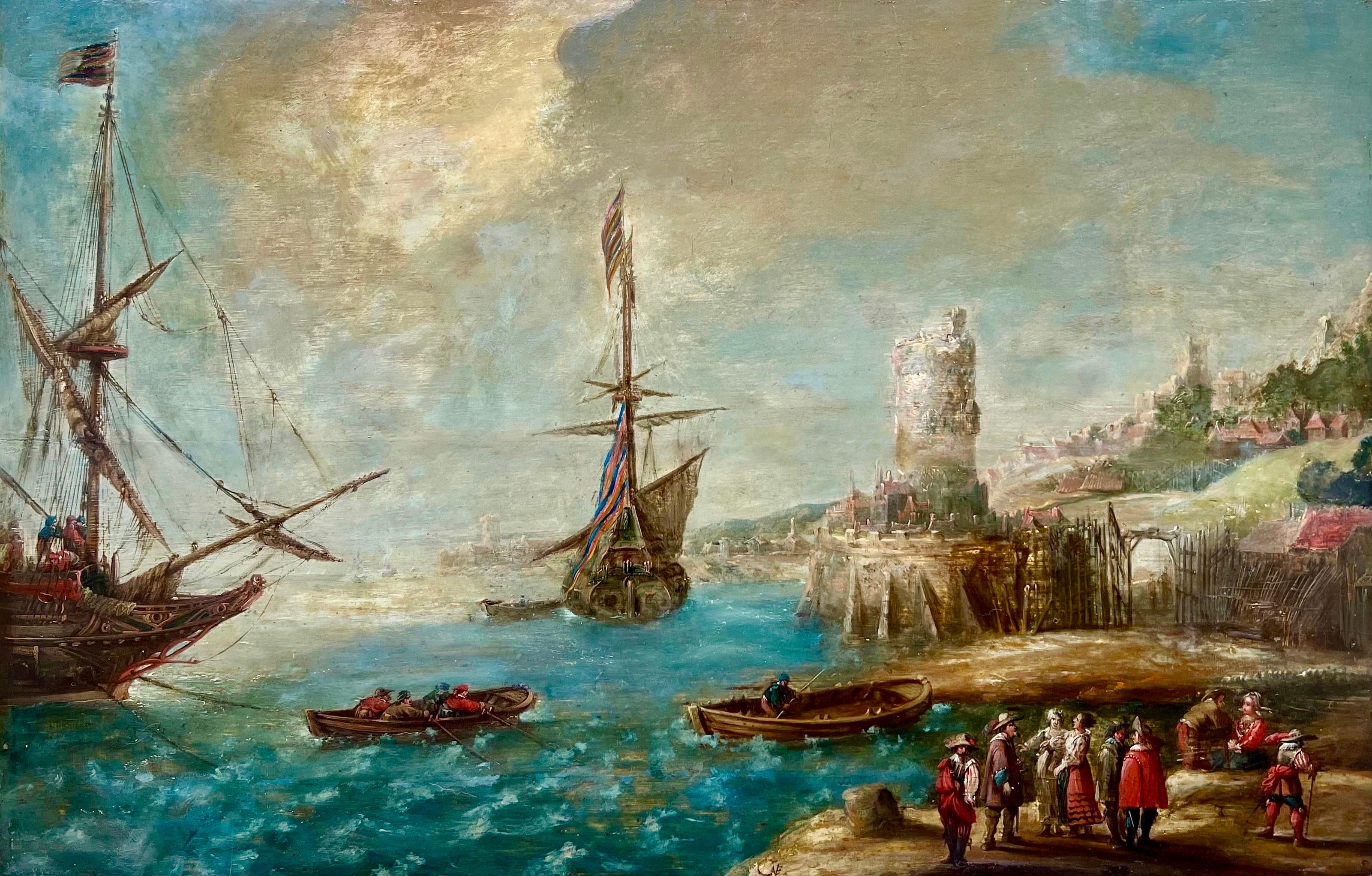 Landscape Painting de Andries Van Eertvelt - Paisaje marino flamenco del siglo XVII - Barcos en un puerto mediterráneo - paisaje marino