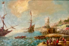 Flämische Seelandschaft aus dem 17. Jahrhundert - Schiffe in einem mediterranen Hafen - Seelandschaft