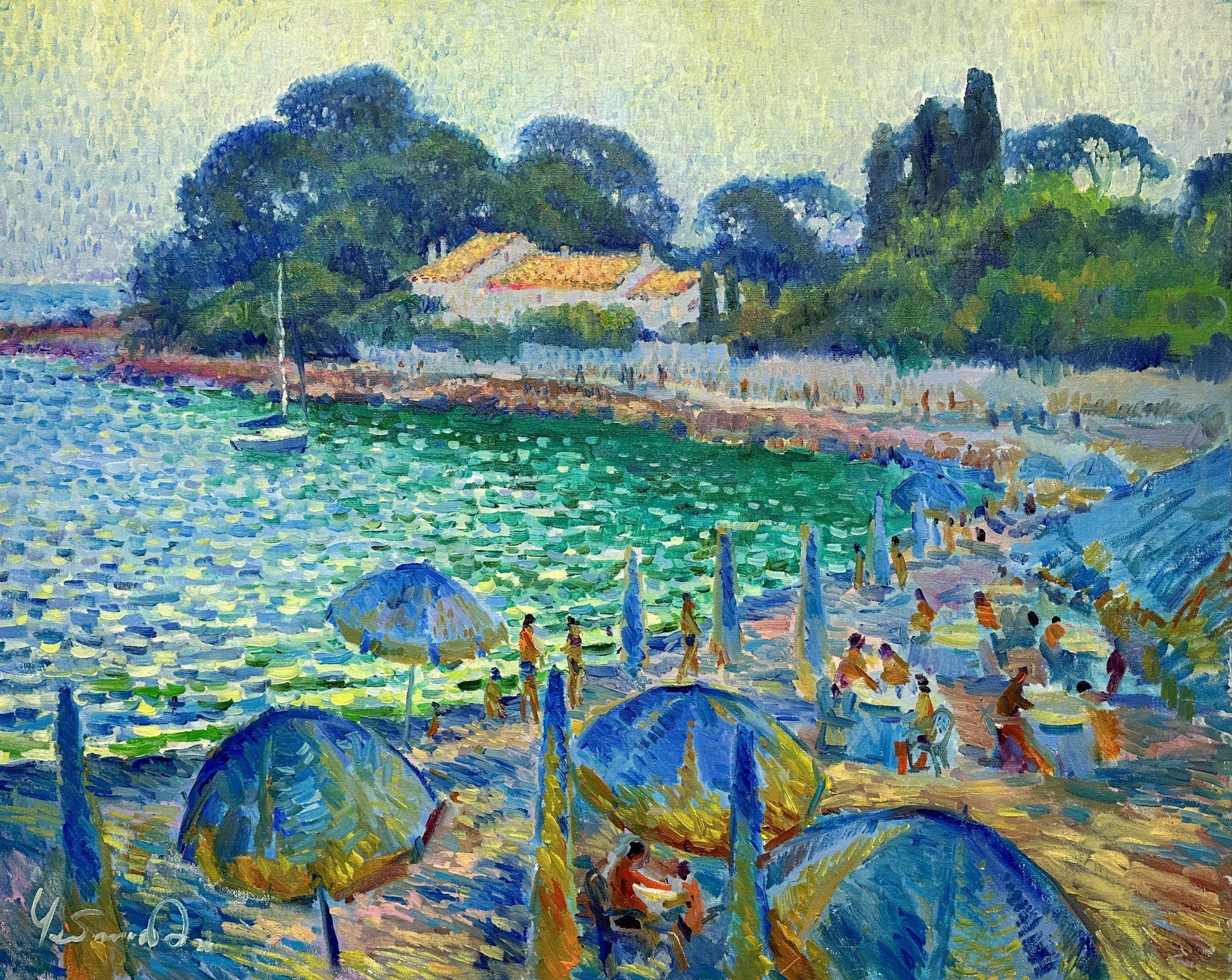 Instagram: @chebotaru.a "Evening at the Beach," painted in 2023 in Antibes, France, captures the serene essence of a summer evening at Plage de la Garoupe. In the foreground, the attention is drawn to sun umbrellas, no longer needed as the sun has