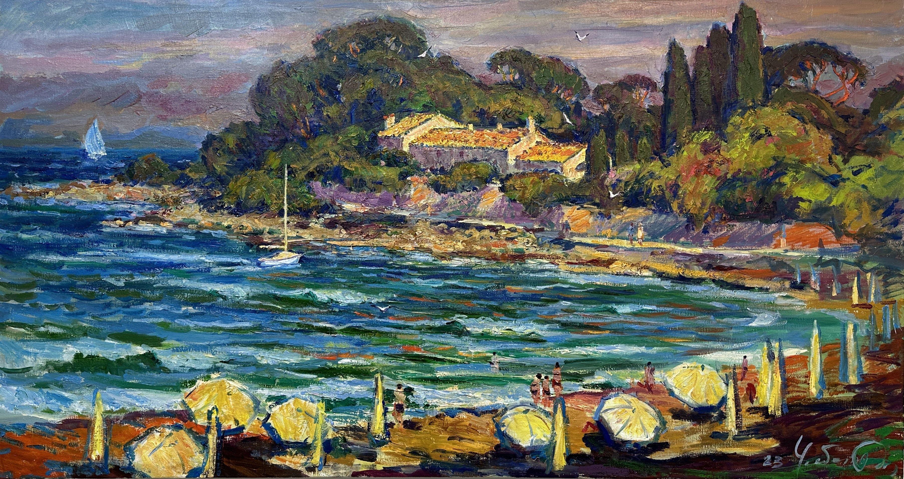 "Evening Beach, La Garoup, Antibes" France Antibes, Painting, Oil on Canvas