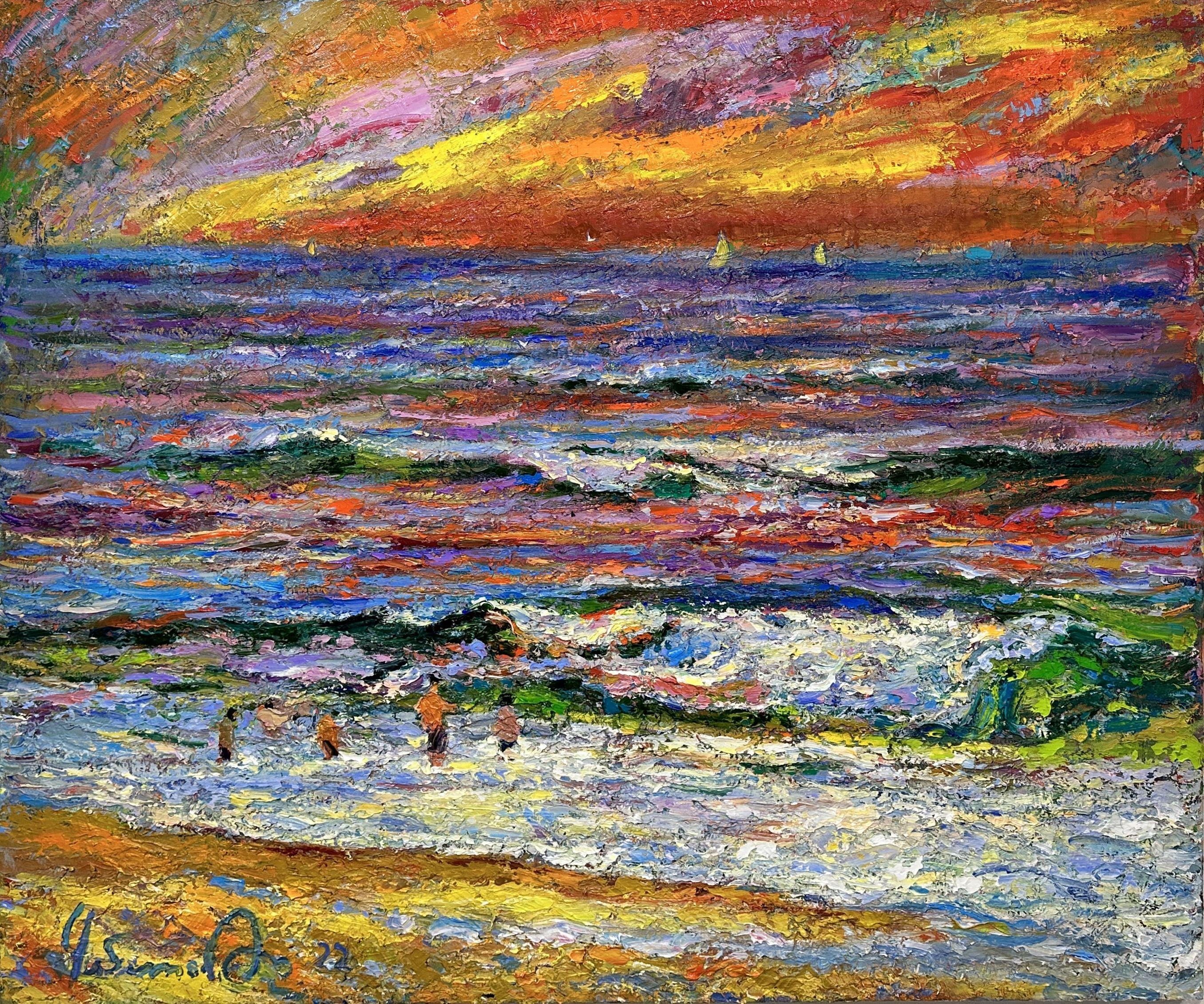 Instagram: @chebotaru.a   "Evening on Kiev Sea," painted in 2022 at the Kiev Reservoir, captures the ambiance of a summer evening slightly touched by a storm. In the distance, waves with white foam roll onto the yellow-ochre sand, where people are