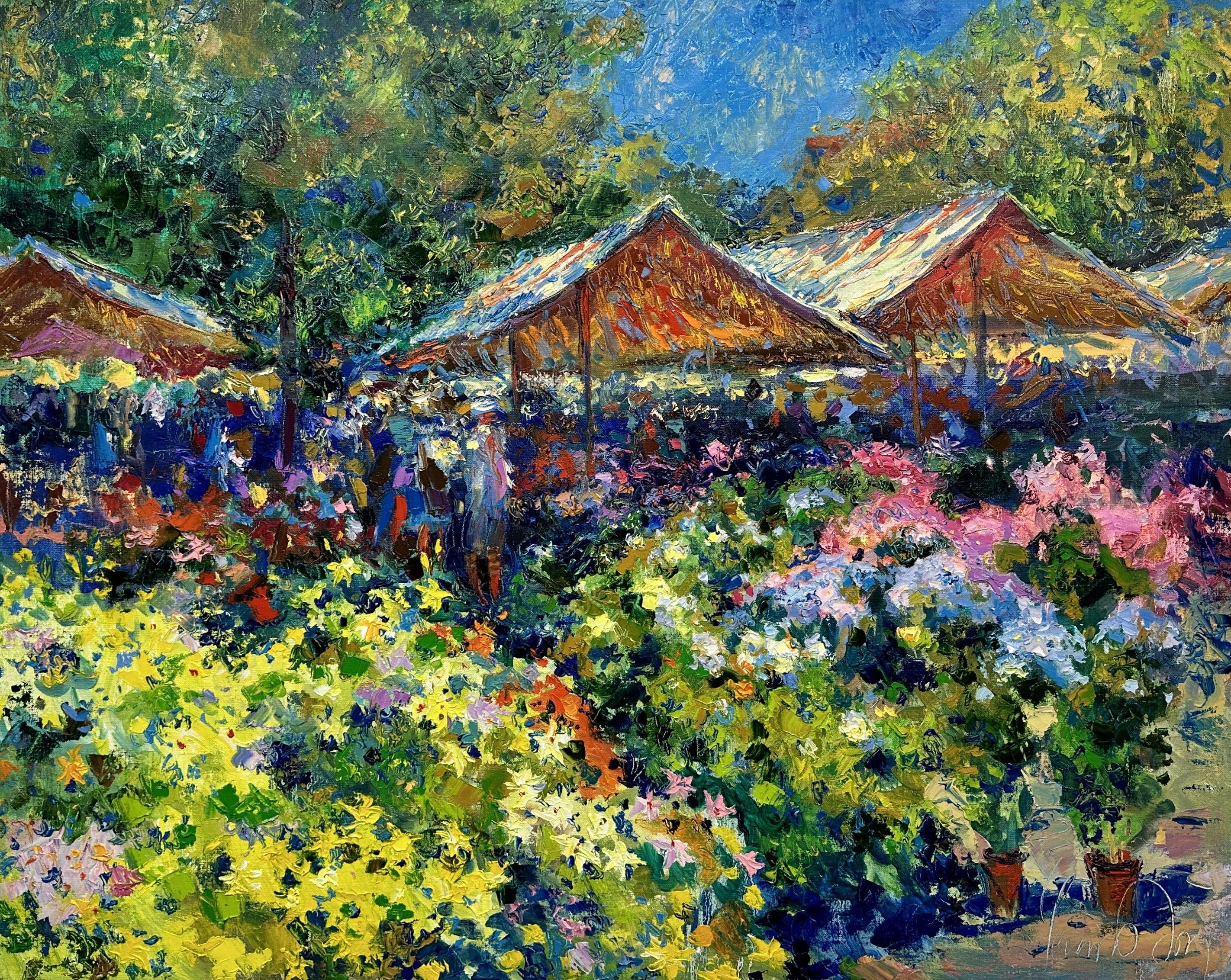 Instagram: @chebotaru.a "Flower Market," painted in 2023 in Nice, France, captures the picturesque scene of the city's flower market. In the foreground, majestic yellow lilies bloom in large pots, surrounded by bushes of blue and pink flowers,