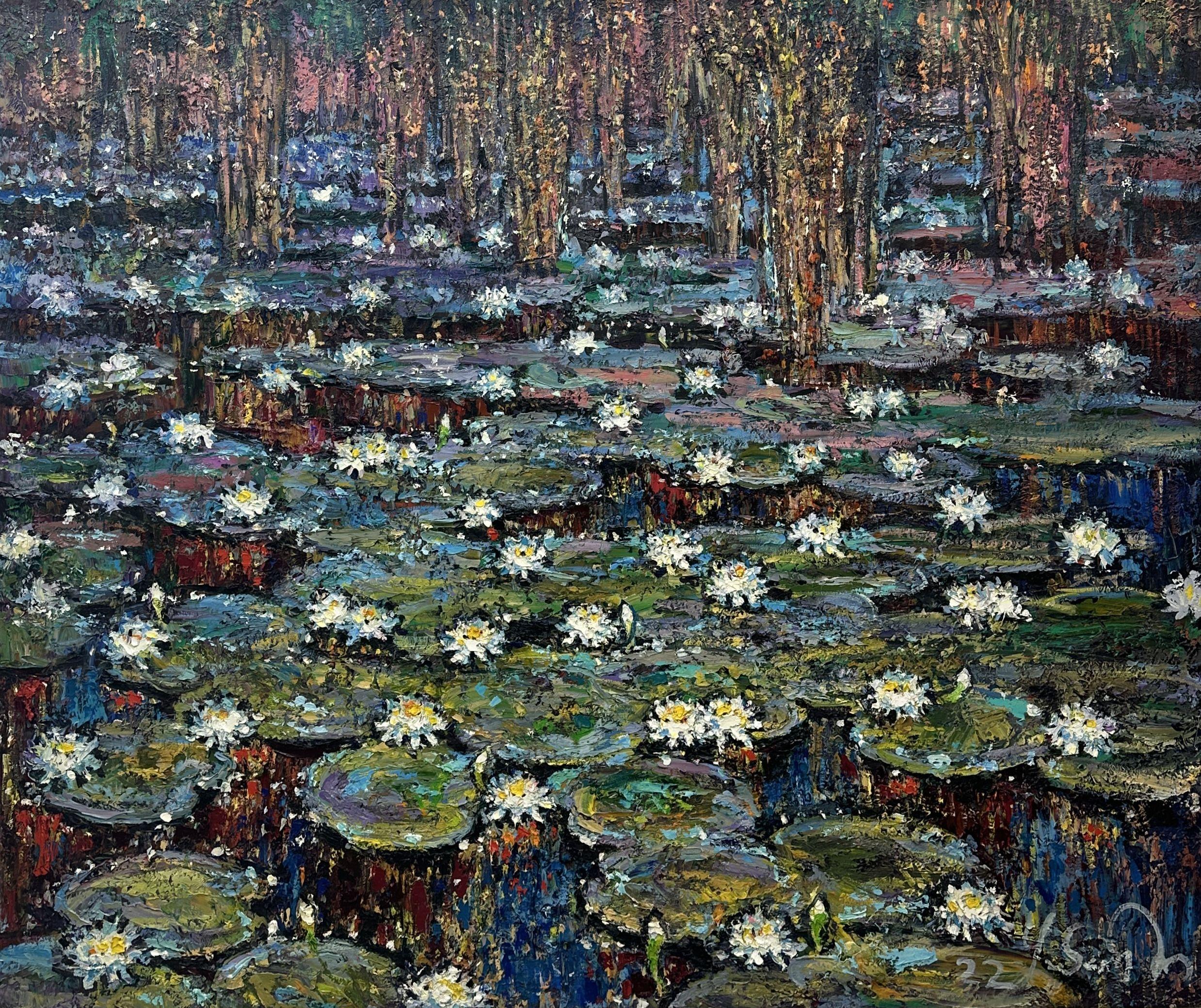 Instagram: @chebotaru.a "Lyrical Mood," painted in 2022 in Kyiv, Ukraine, is a canvas depicting white blooming lilies adrift in a pond. In the background, reeds grow, providing a natural backdrop. The entire pond is adorned with leaves and flowers