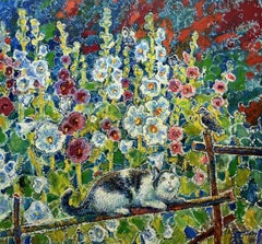 "Malvas in Mom's Garden" Kyiv. Ukraine., Painting, Oil on Canvas