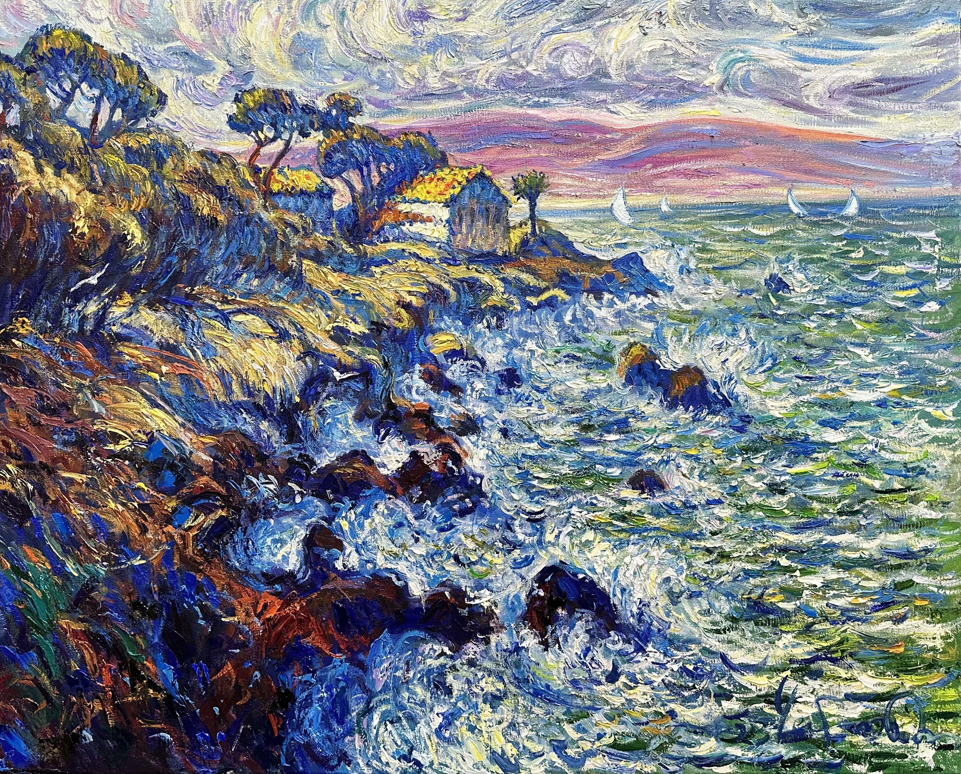 "Stormy Sea" Antibes. French Riviera., Painting, Oil on Canvas