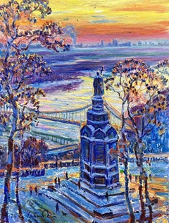 "Sunrise over the Dnieper river" Kyiv. Ukraine., Painting, Oil on Canvas