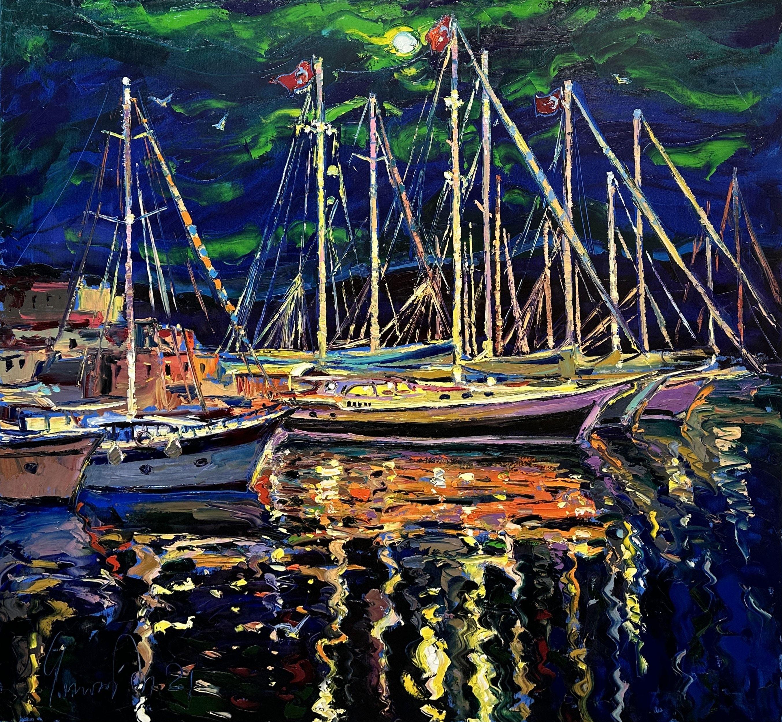 „Die Nacht Marina von Marmaris“ Marmaris Türkei, Gemälde, Öl auf Leinwand