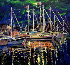 "The Night Marina of Marmaris" Marmaris Turkey, Painting, Oil on Canvas