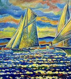 "Yachts at Sea" Antibes France, Painting, Oil on Canvas
