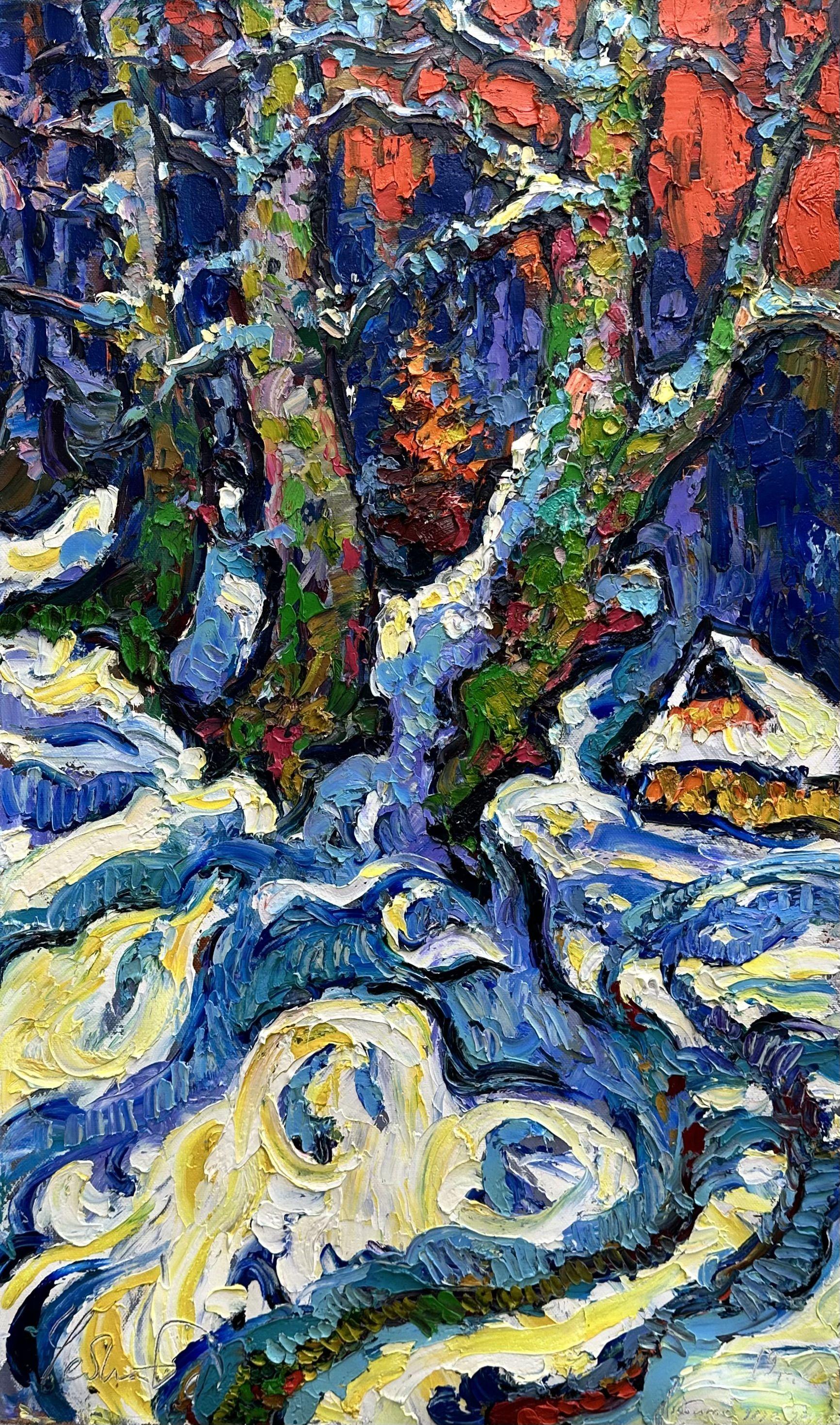 „Cottage in the Forest“. Zakarpattia, Ukraine, Gemälde, Öl auf Leinwand – Painting von Andrii  Chebotaru