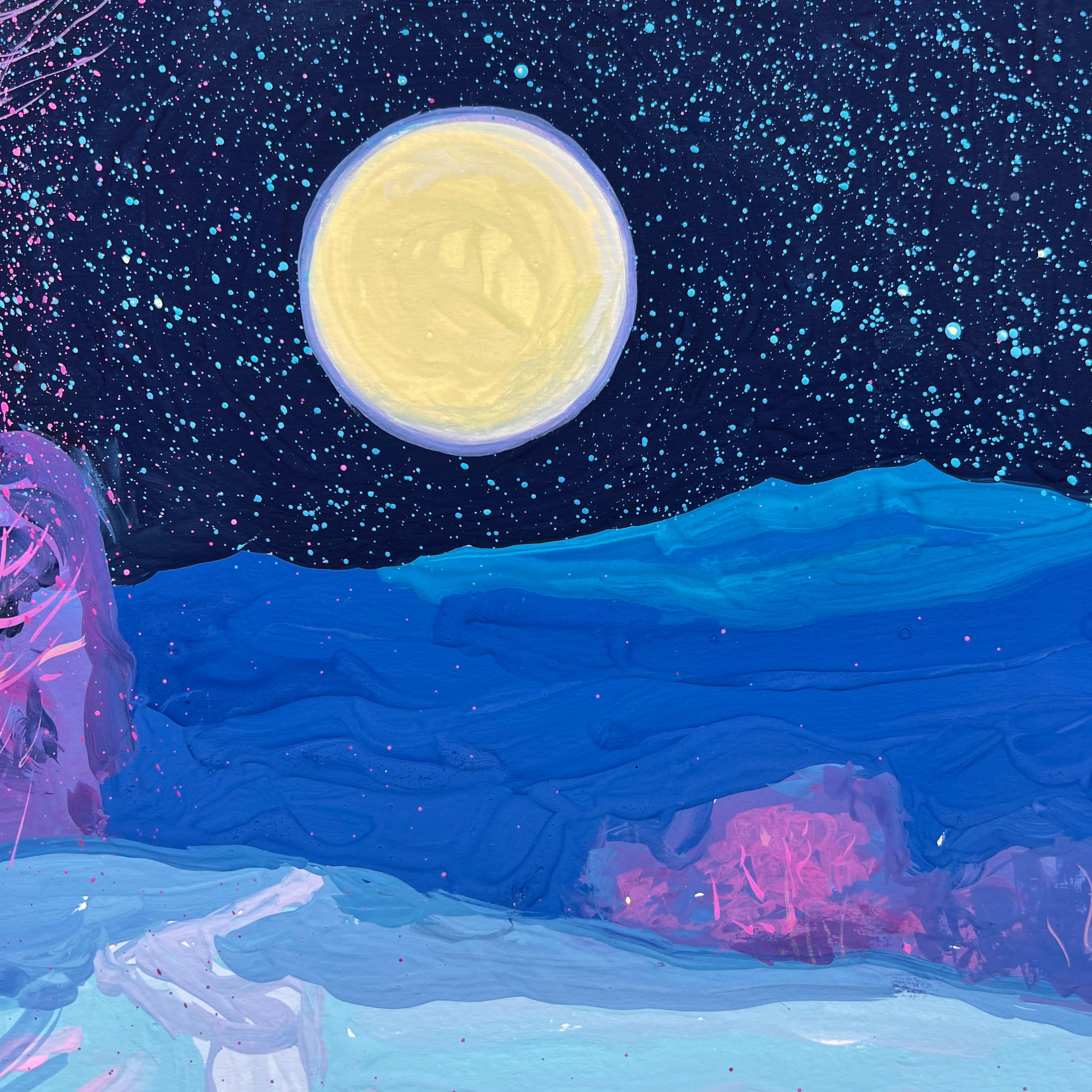 Immergiti nella serena magia di una notte invernale al chiaro di luna, dove sogni e realtà si fondono perfettamente. Immerse nel tenue bagliore di una luminosa luna piena, le delicate sfumature rosa degli alberi baciati dalla brina contrastano con