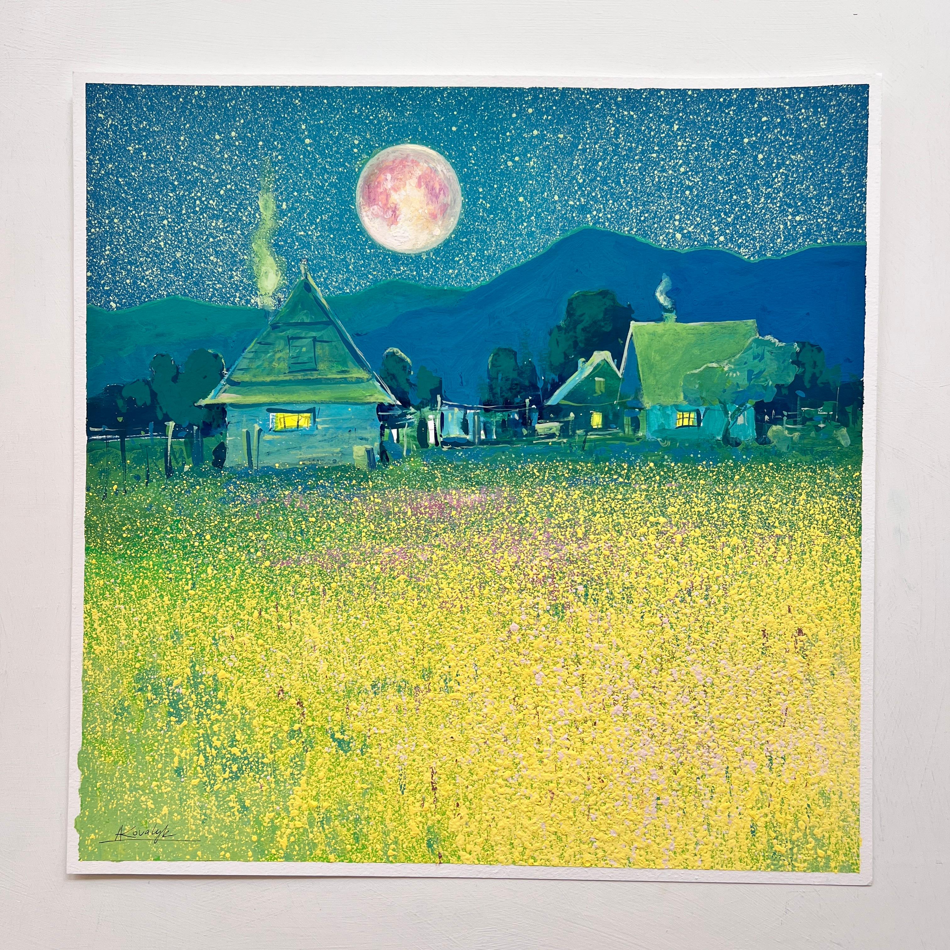 Mit diesem Kunstwerk teile ich die ruhige Schönheit eines Karpatendorfes, das vom sanften Schein des Vollmondes erleuchtet wird. Die gemütlichen Häuschen, deren Fenster in warmes Licht getaucht sind, stehen in stiller Harmonie vor dem weiten