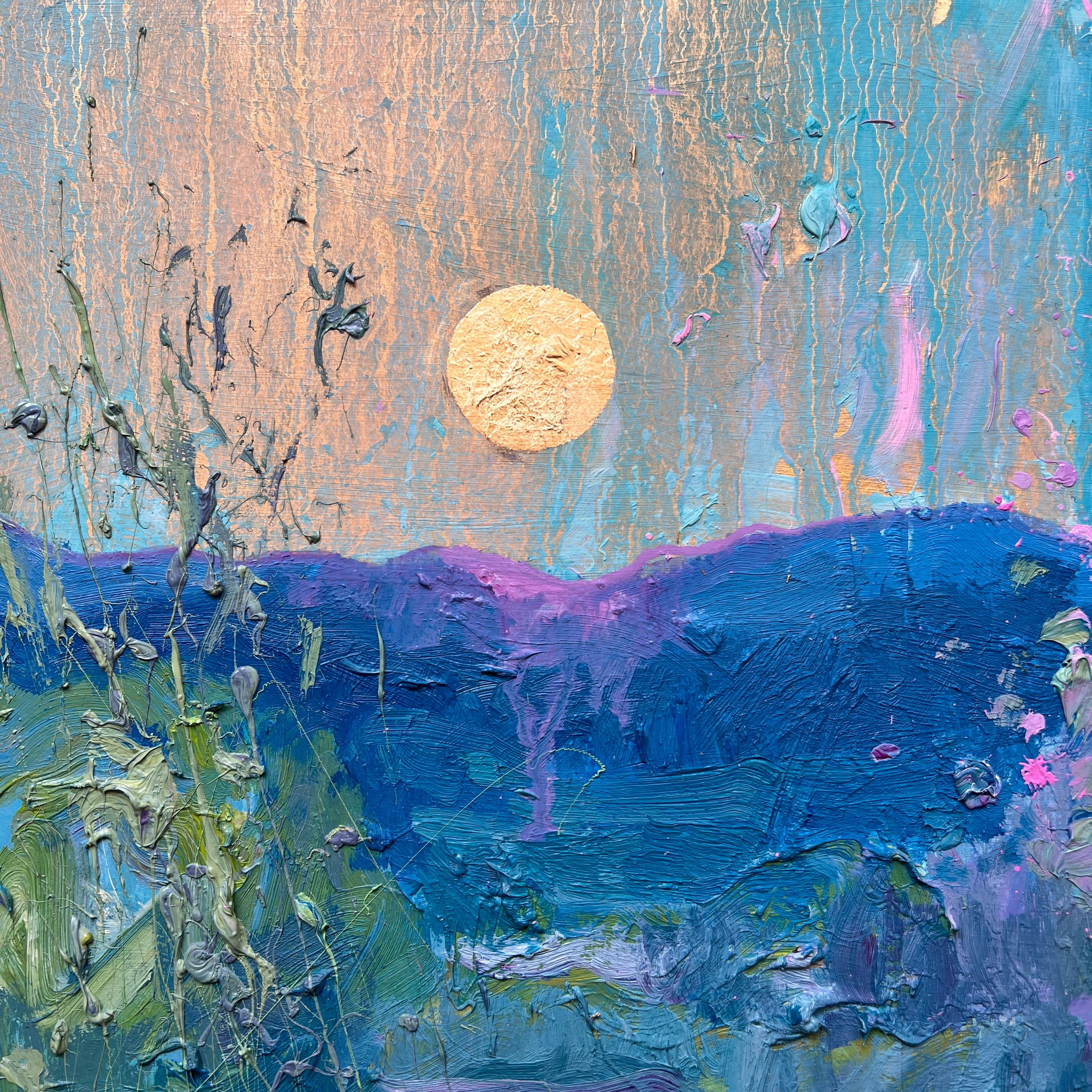 In this piece, I set out to evoke the quiet mystery of a spring night illuminated by moonlight. A glowing full moon hovers above, casting golden highlights that shimmer through the sky and dance across the water’s surface. 

Deep blues melt into