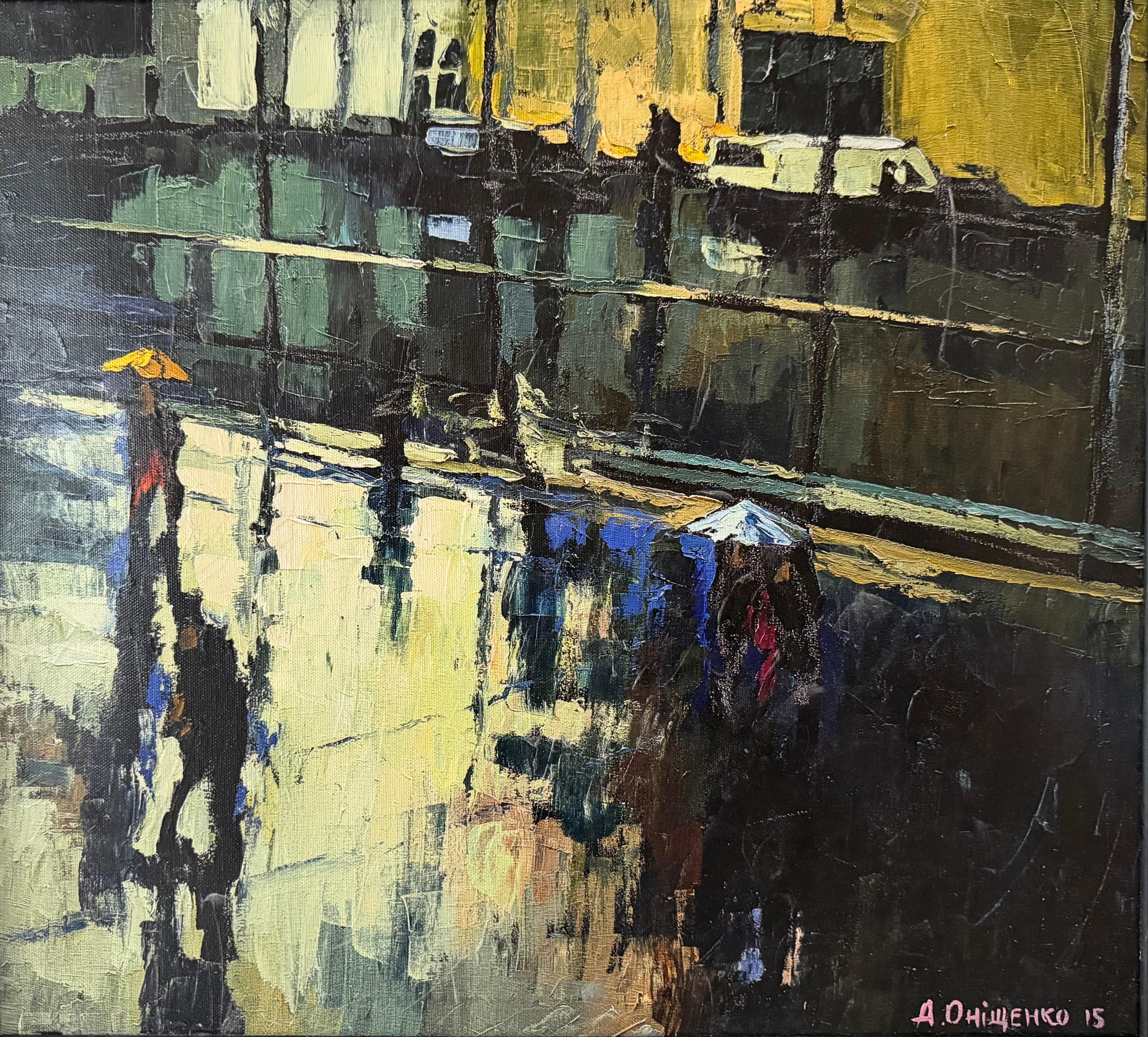 Dieses stimmungsvolle Werk des ukrainischen Künstlers Andrii Onyshchenko fängt einen ruhigen urbanen Moment nach einem Regen ein, wenn sich die Stadt in Reflexionen, Licht und Bewegung auflöst. Langgestreckte Figuren, schimmernde Fassaden und nasses