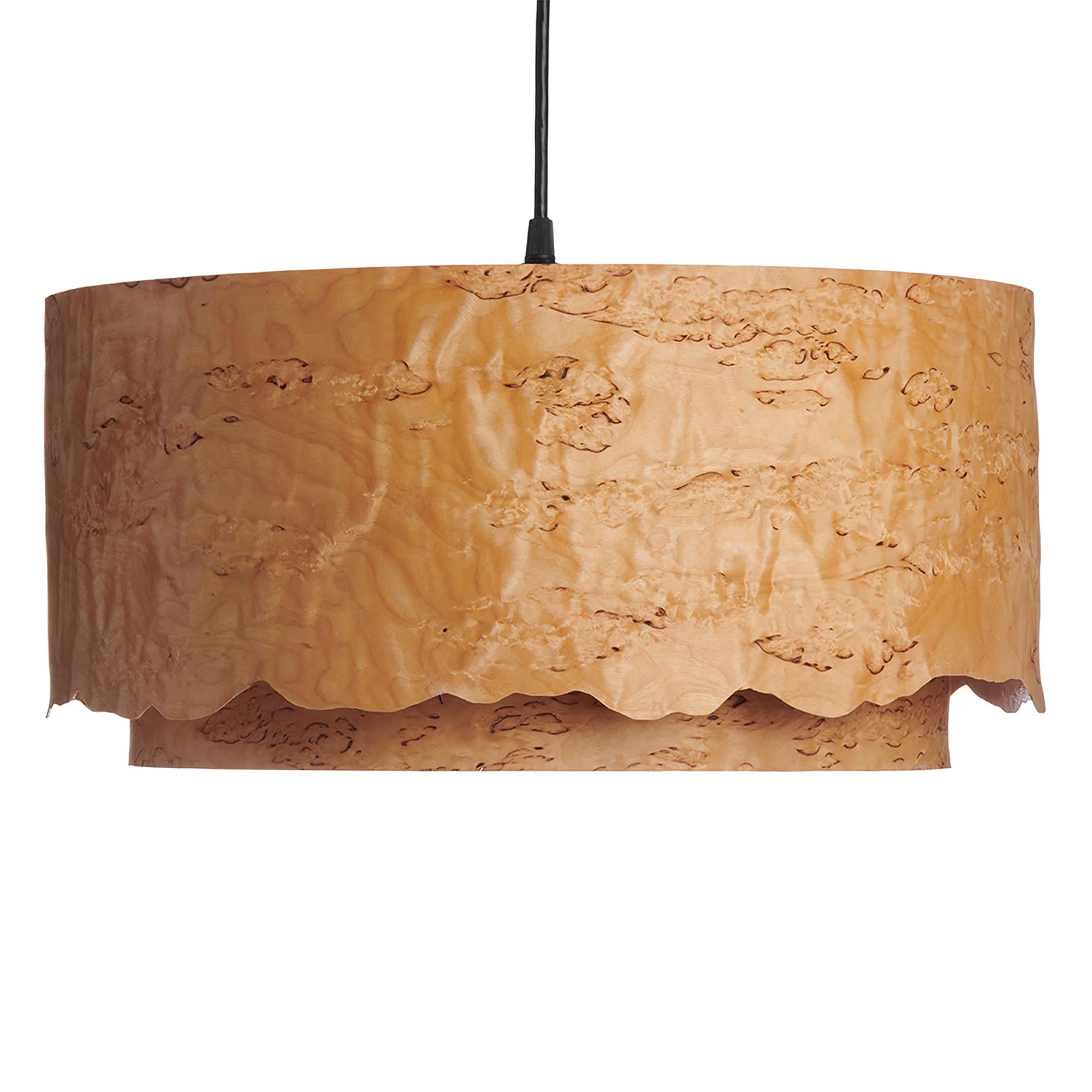 This large, Karelian Burl wood, double drum, with Live Edge is a Mid-Century Modern style chandelier. Designers use this style as an Organic Modern chandelier for alcove, entryway, dining room or conference room. ANDRO gives a warm light,
