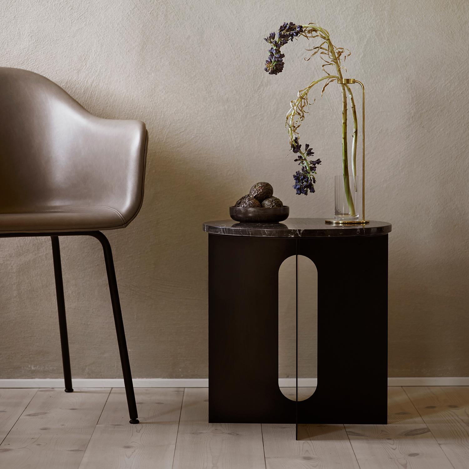 Powder-Coated Androgyne Side Table, Steel Base in Black, Tabletop in Black Marble