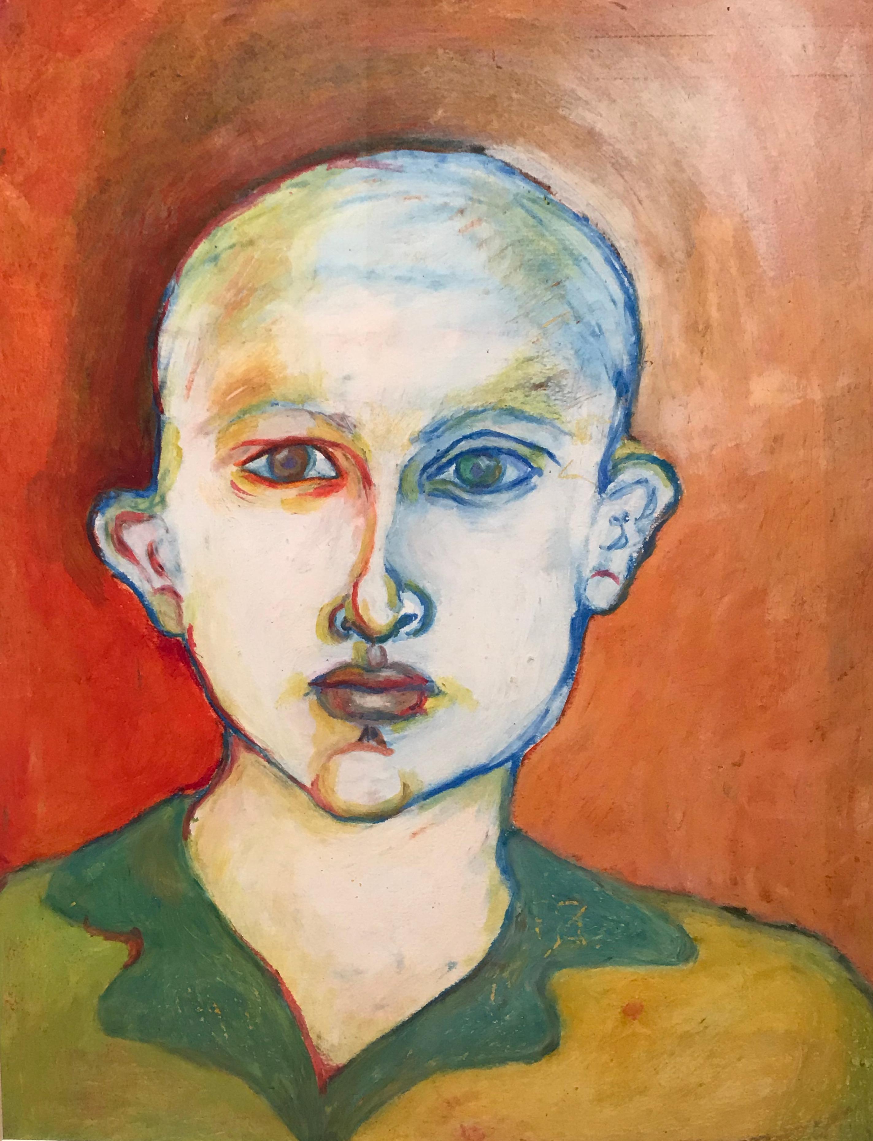 Portrait of an androgynous figure. 
Through a dramatic and expressive color palette, Lefkowitz showcases so much emotion in her portraits. Her artworks are known to convey the mood of the person she painted.
After her career as a professional