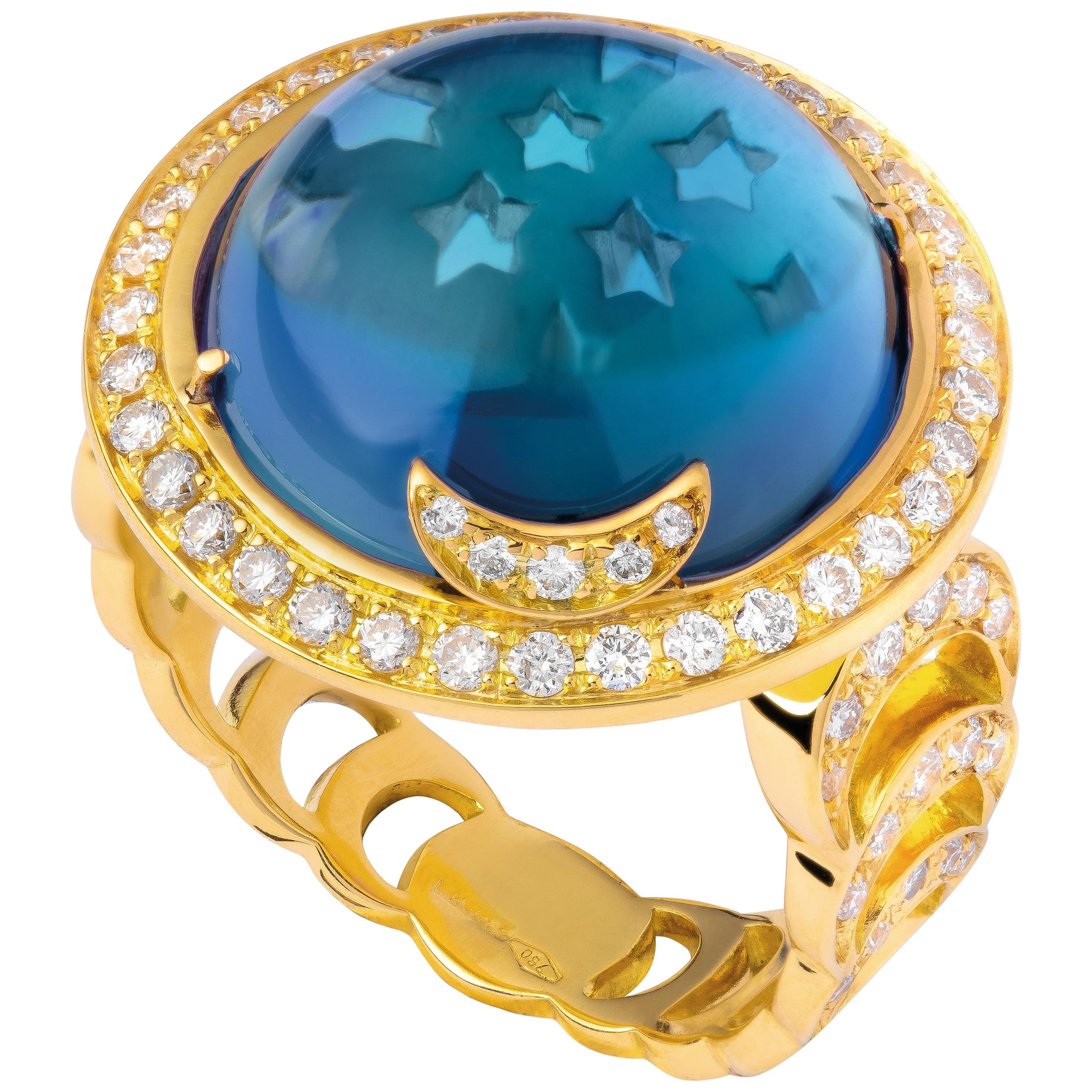 Andromeda Ring, Blue Topaz, White Diamonds, 18 Karat Yellow Gold For Sale