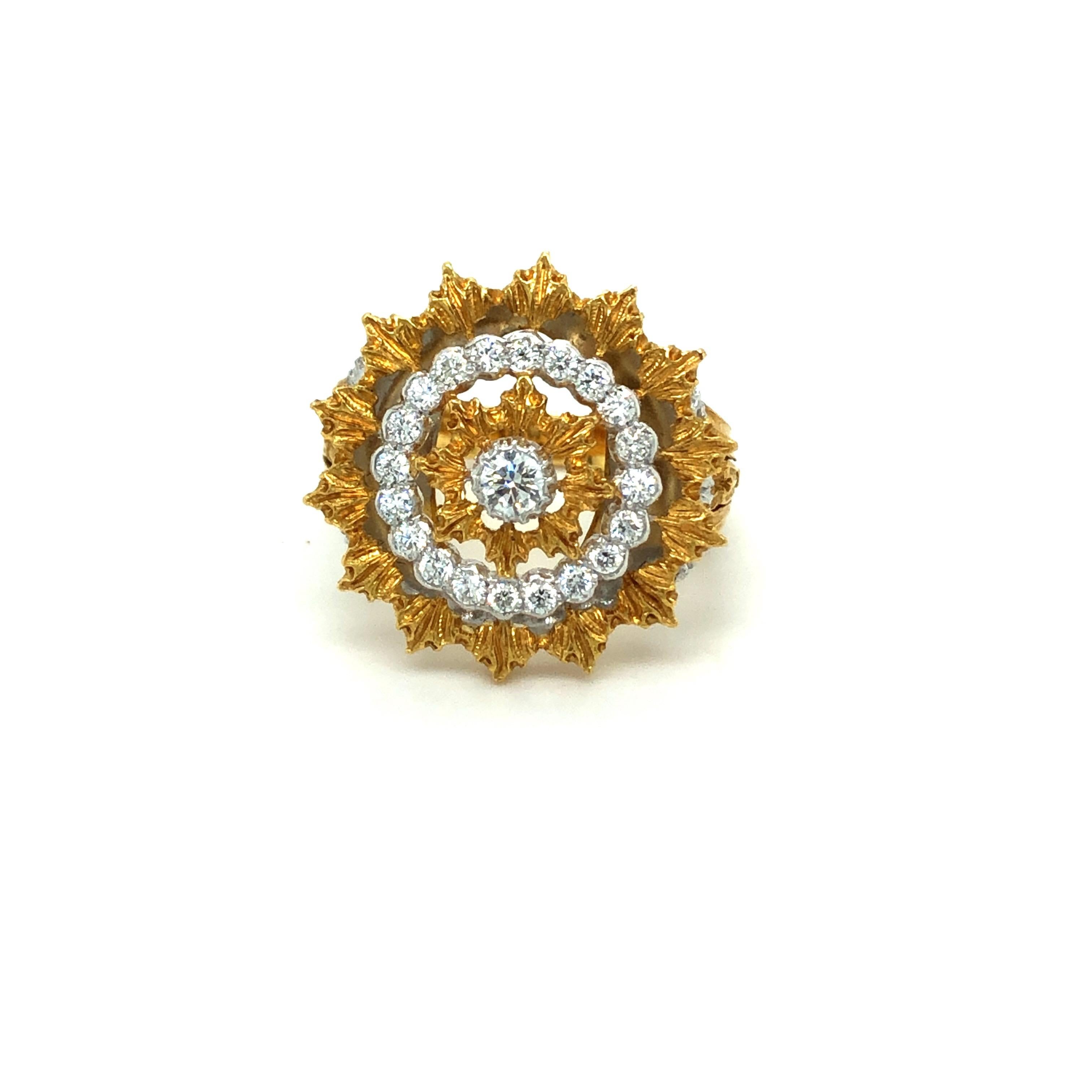18 karat yellow gold Andromeda ring by renowned Italian brand Buccellati.
This charming ring is delicately crafted in 18 karat yellow and white gold and set with 21 brilliant-cut diamonds totalling about 0.4 carats.
The lacy appearance of the jewels