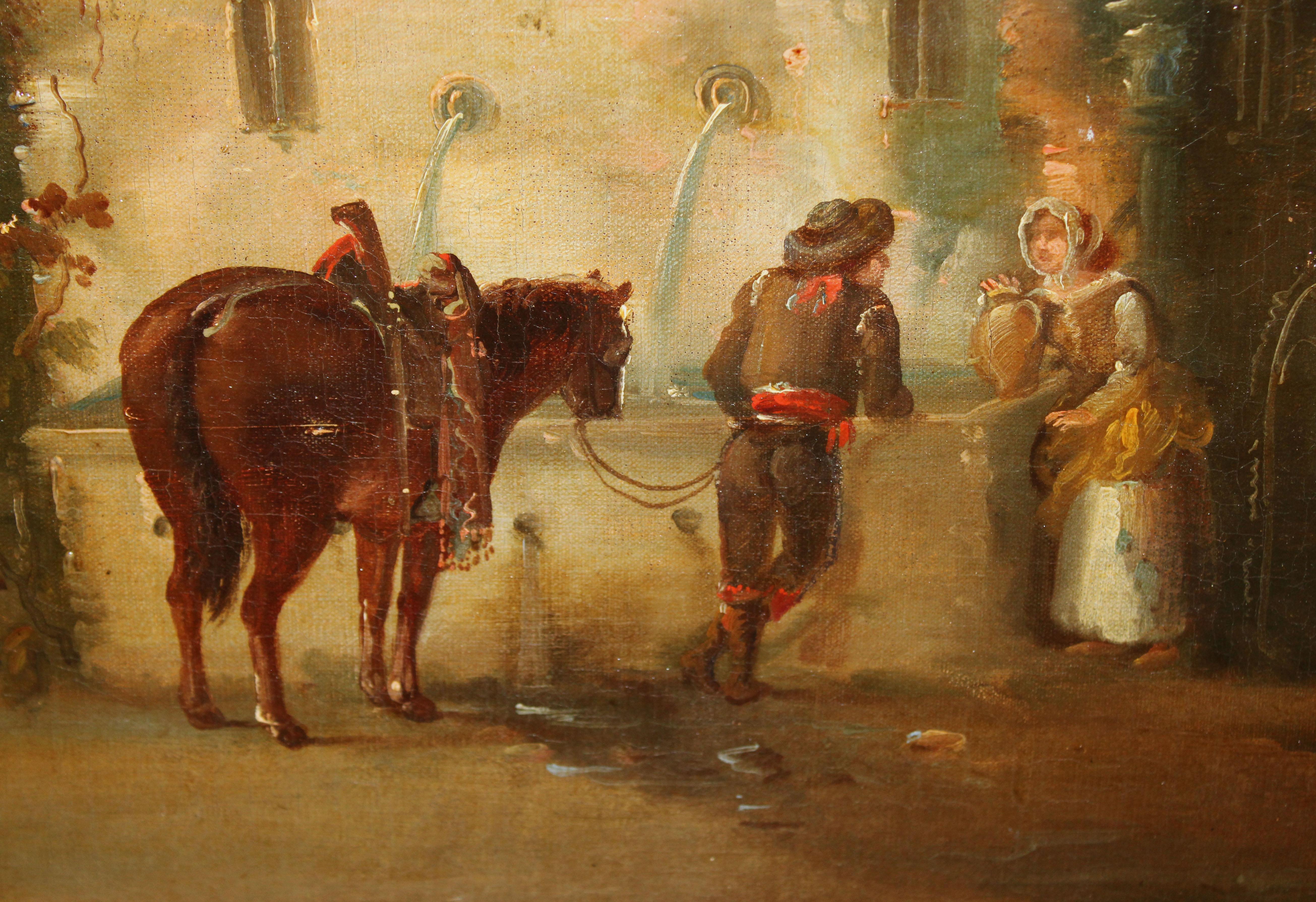 Óleo sobre tela - Viajeros y campesinos junto al pozo im Angebot 5