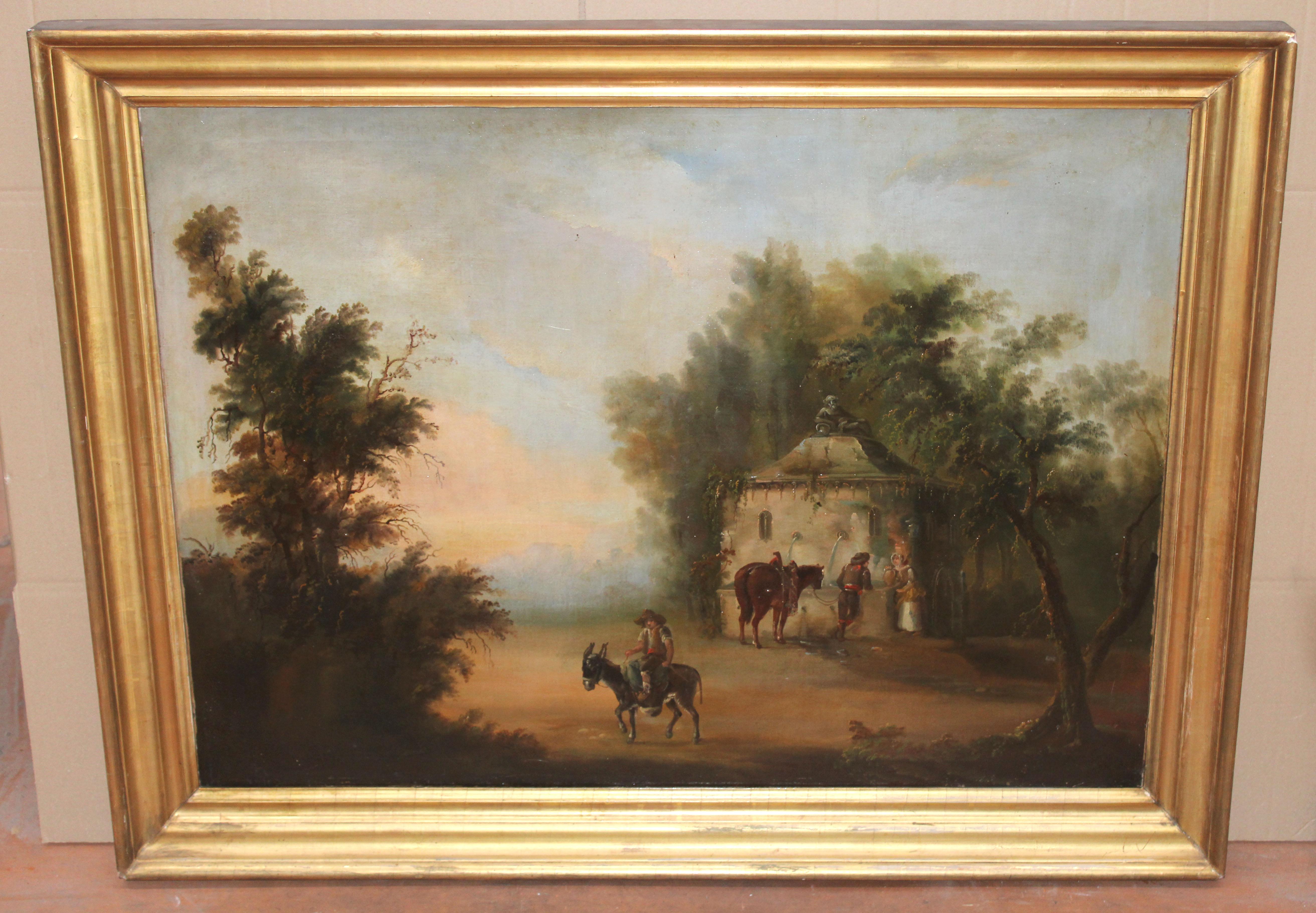 Óleo sobre tela - Viajeros y campesinos junto al pozo – Painting von Andrés Cortés y Aguilar (circle)