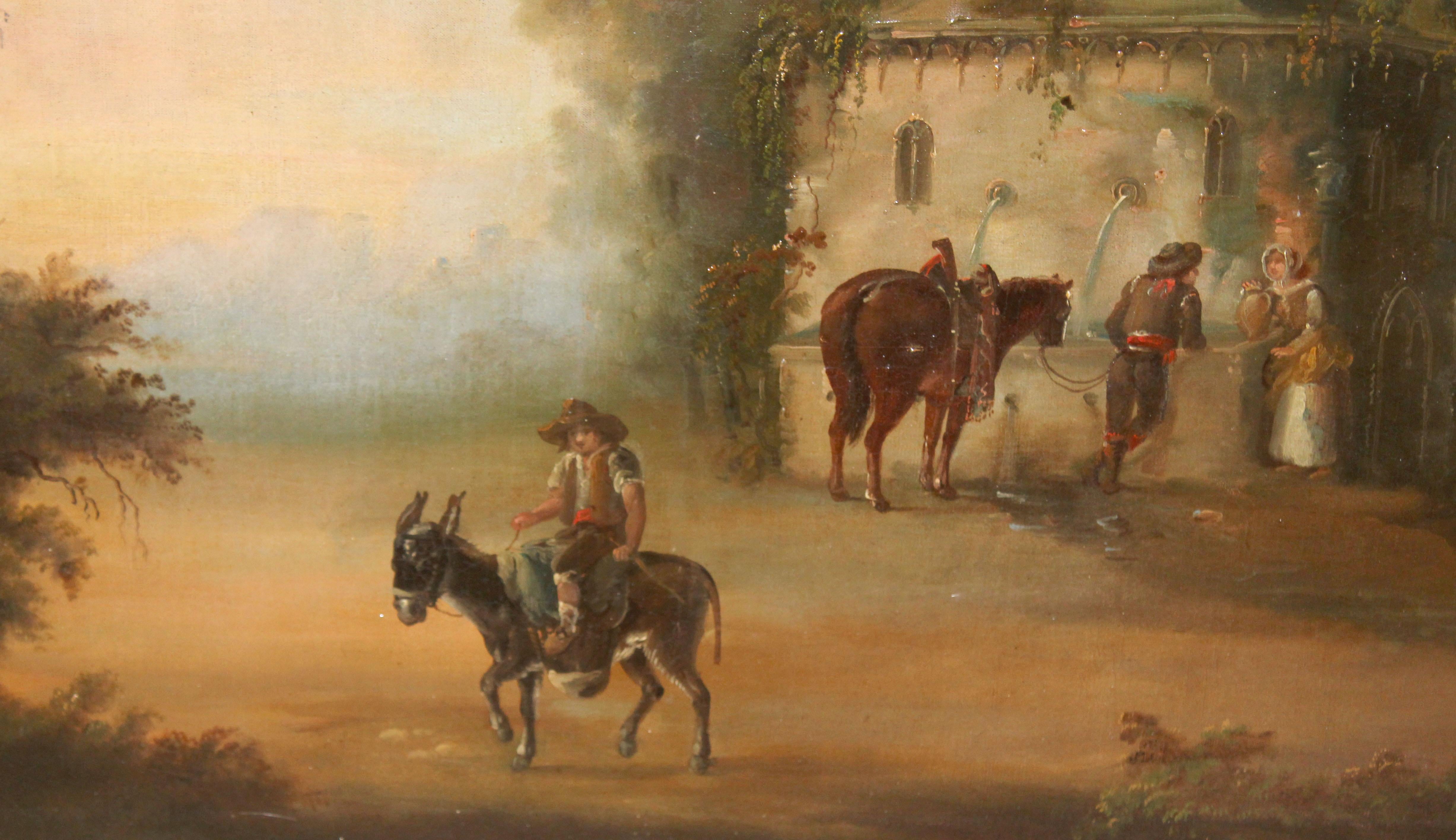 Óleo sobre tela - Viajeros y campesinos junto al pozo im Angebot 2