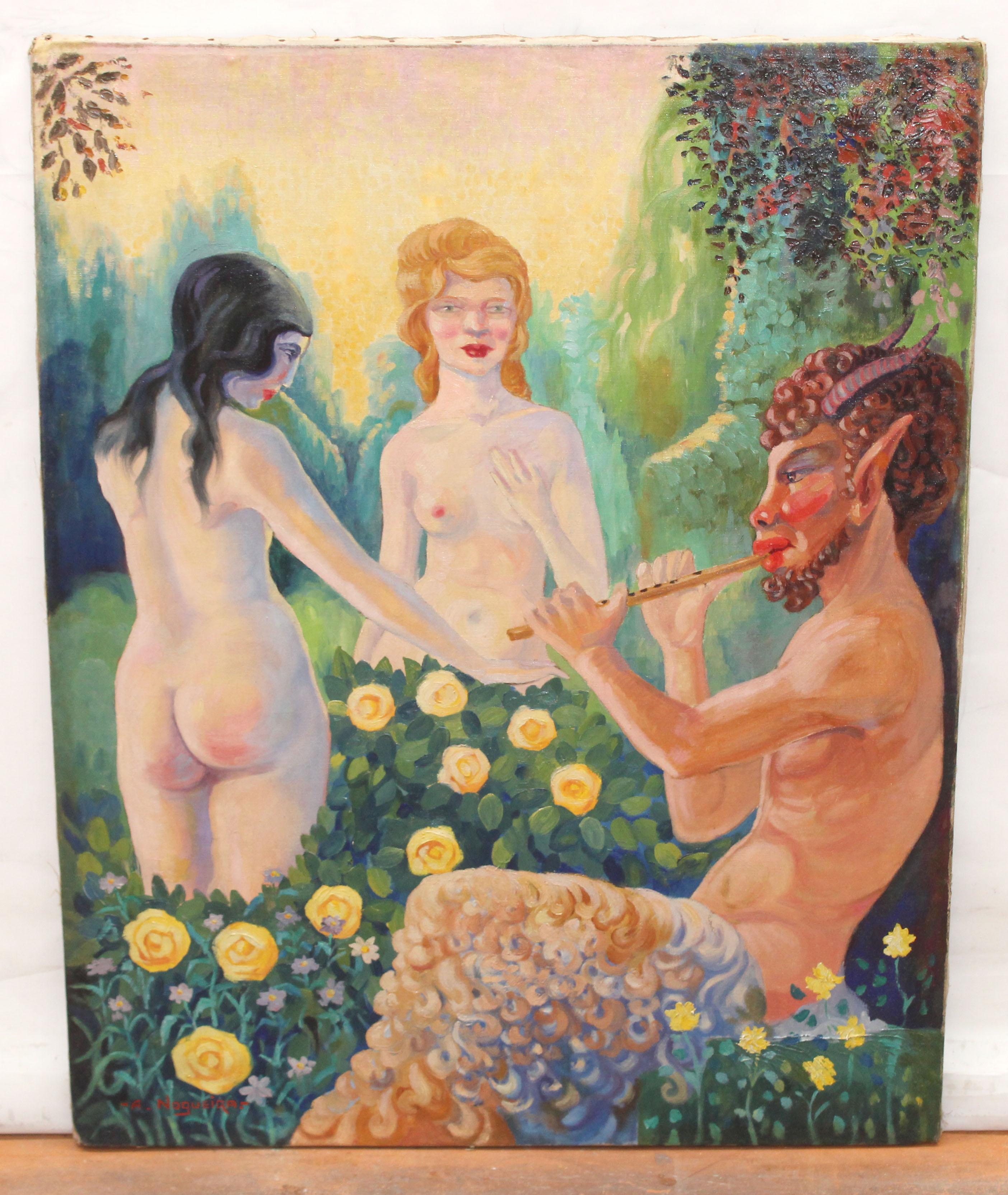 Óleo sobre tela - Fauno tocando la flauta y ninfas en un bosque – Painting von Andrés Nogueira Gómez (XIX-XX)