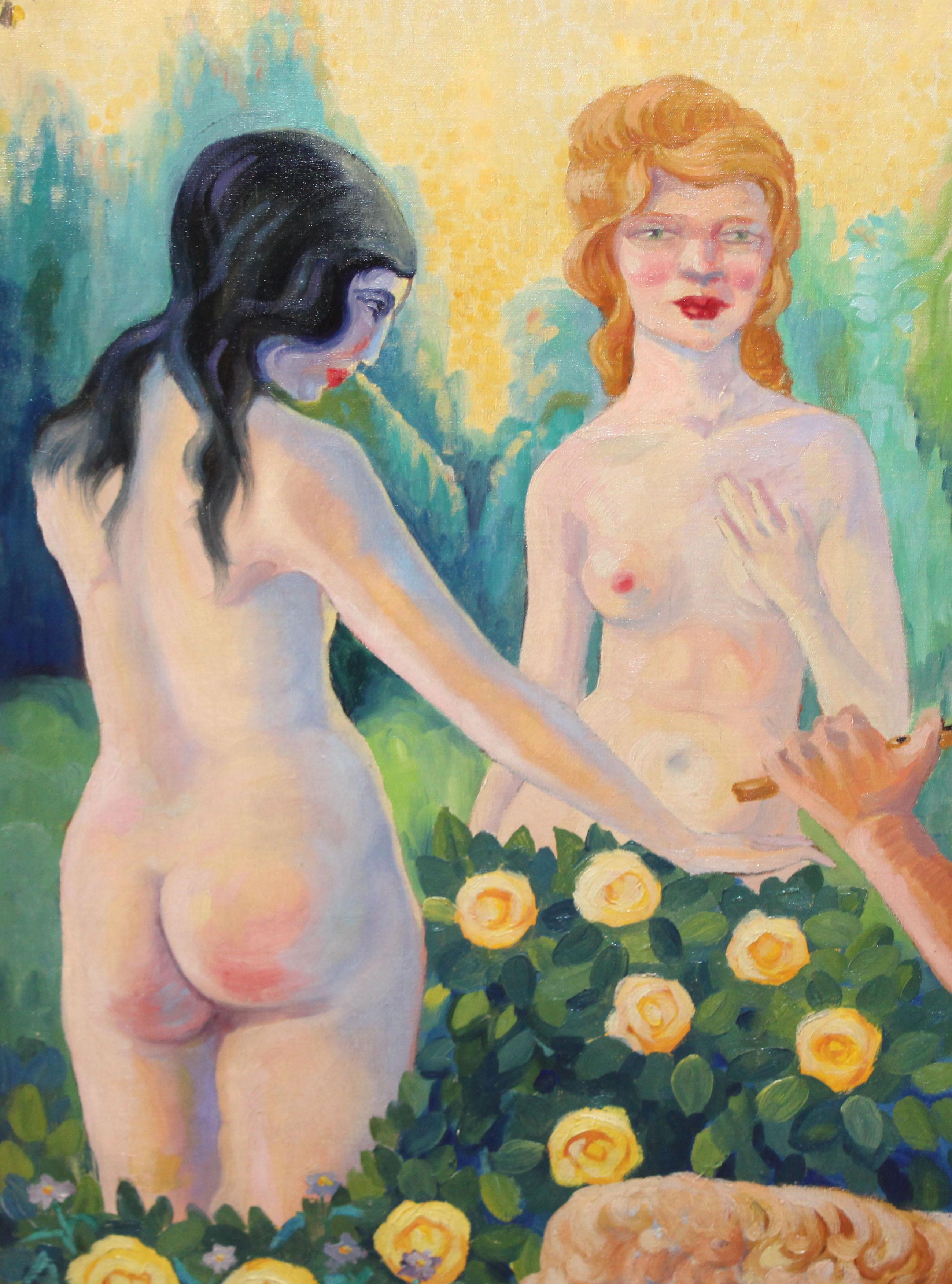 Óleo sobre tela - Fauno tocando la flauta y ninfas en un bosque (Impressionismus), Painting, von Andrés Nogueira Gómez (XIX-XX)